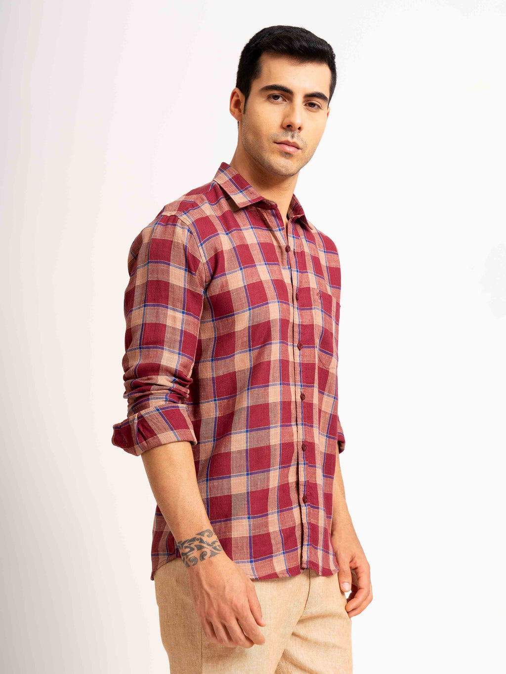 ST4U Men's Pure Linen Full Sleeve Checked Shirt – Maroon Blue Checks