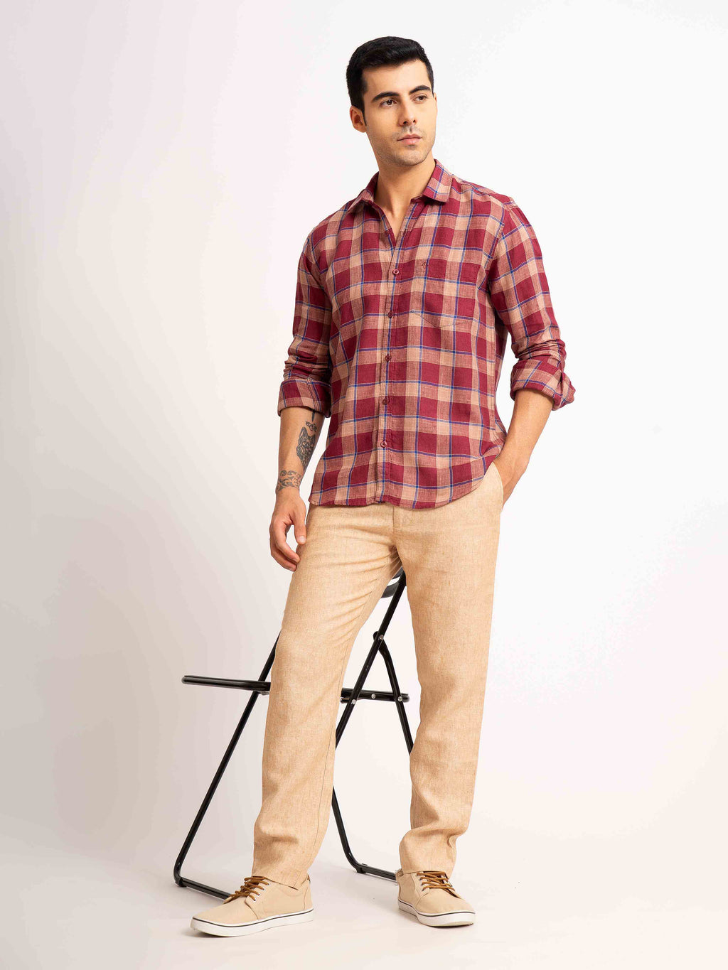 ST4U Men's Pure Linen Full Sleeve Checked Shirt – Maroon Blue Checks