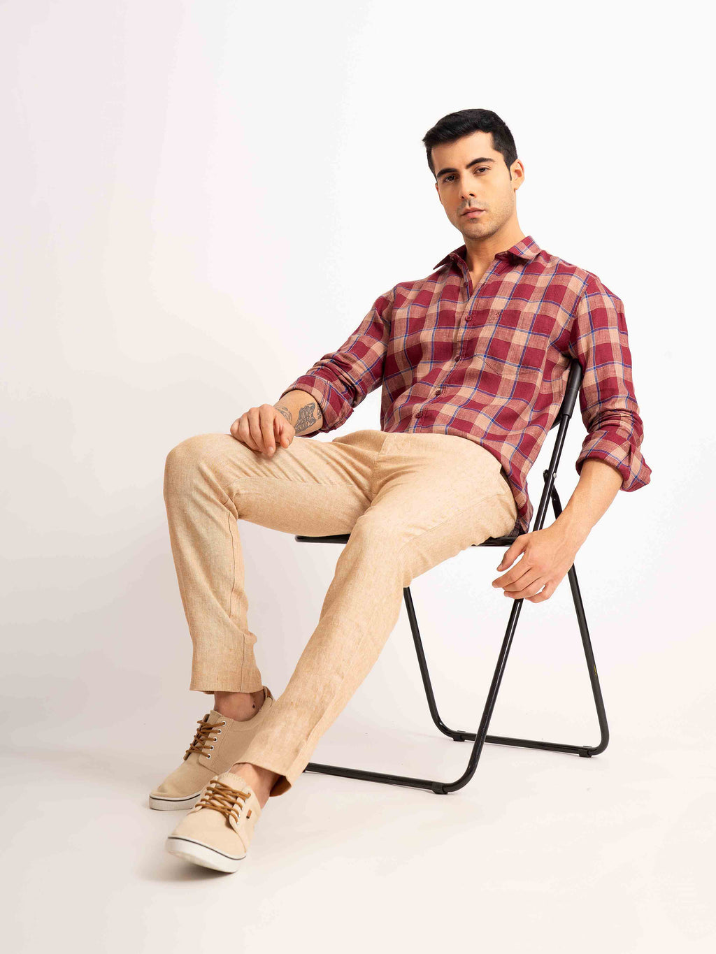 ST4U Men's Pure Linen Full Sleeve Checked Shirt – Maroon Blue Checks