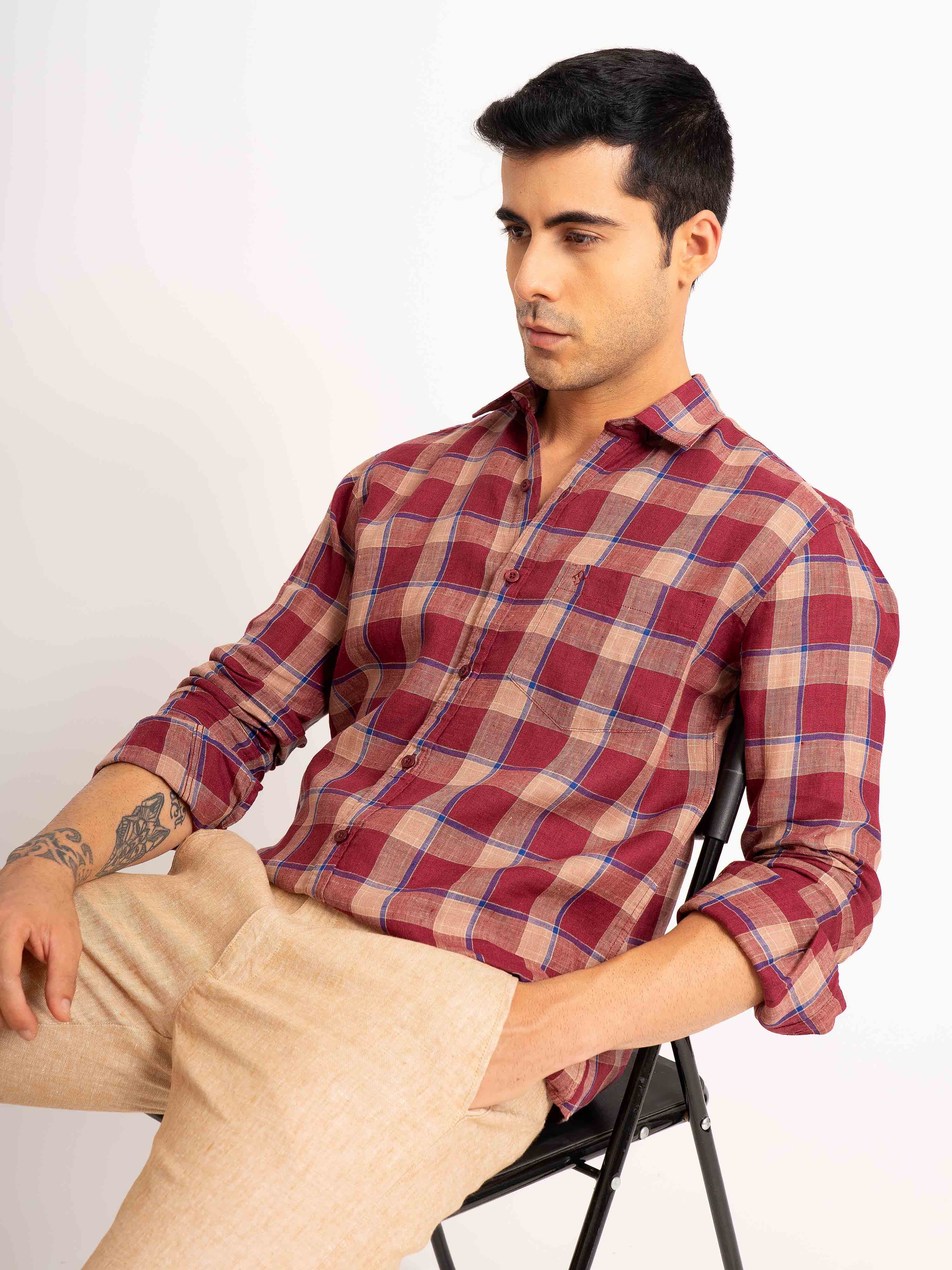 ST4U Men's Pure Linen Full Sleeve Checked Shirt – Maroon Blue Checks