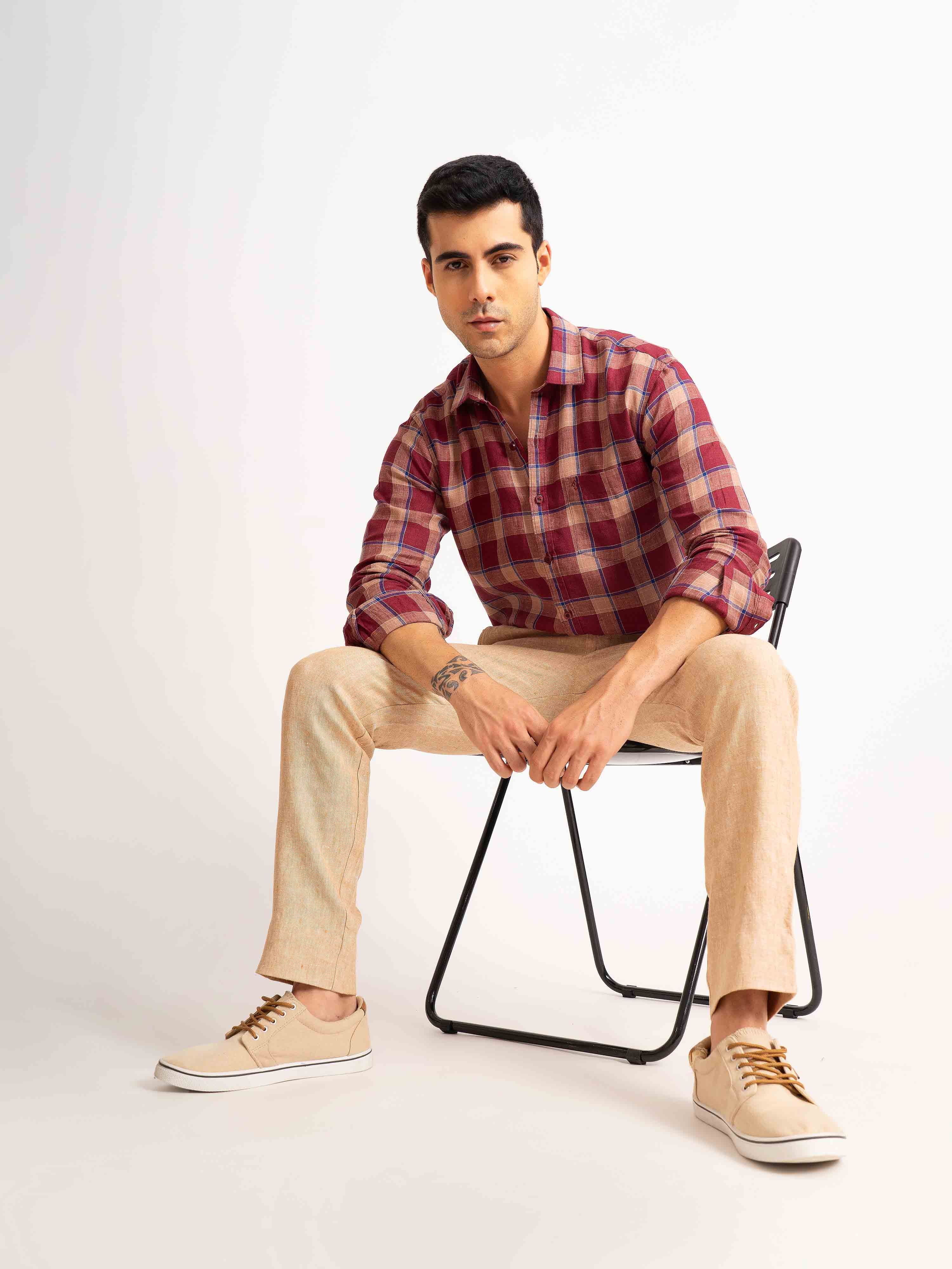 ST4U Men's Pure Linen Full Sleeve Checked Shirt – Maroon Blue Checks