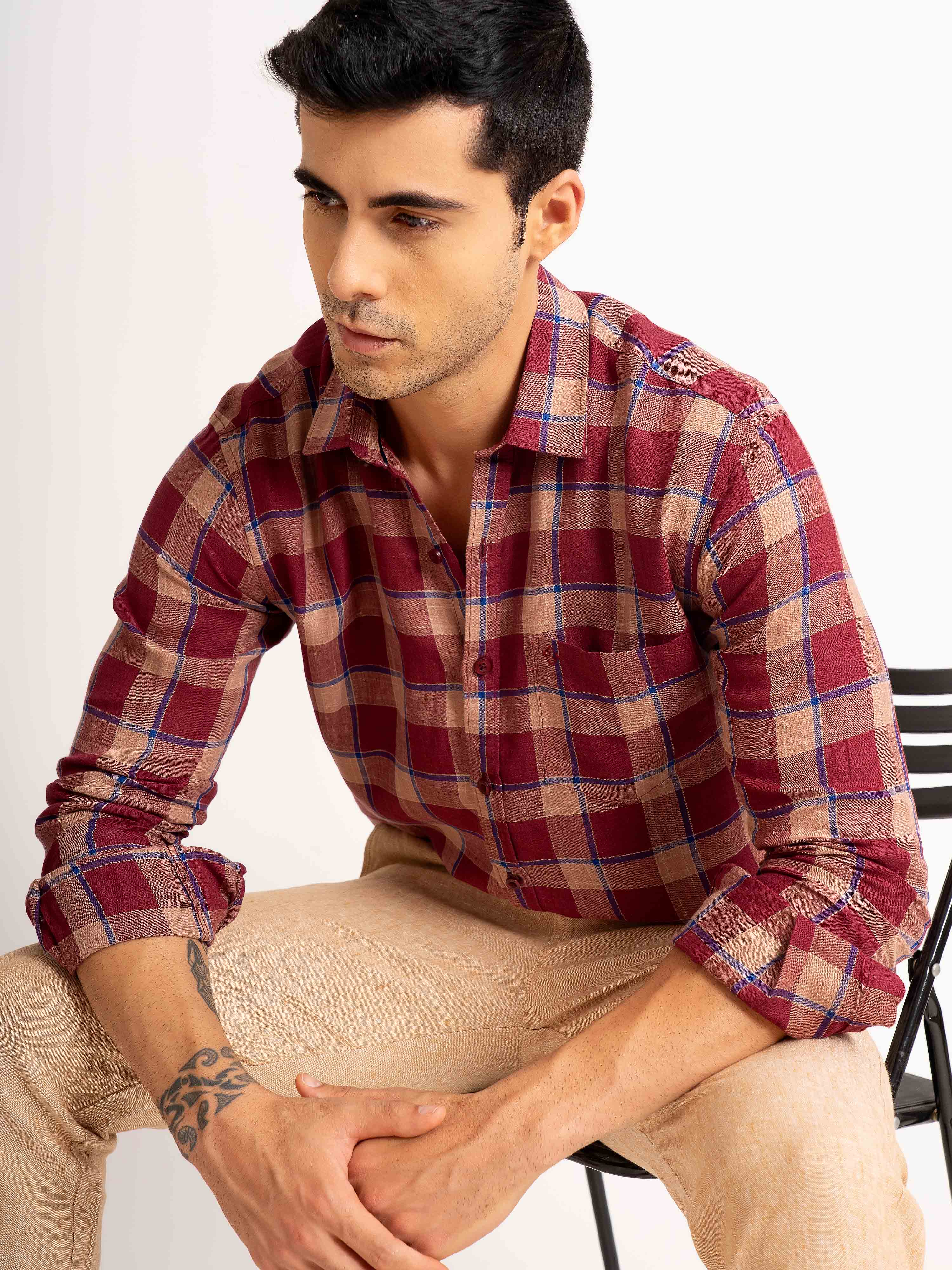ST4U Men's Pure Linen Full Sleeve Checked Shirt – Maroon Blue Checks