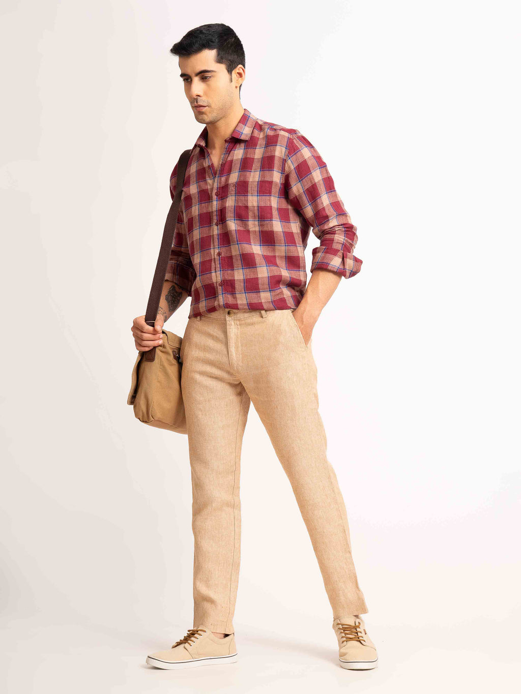 ST4U Men's Pure Linen Chambray Slim Fit Flat Front Trouser – Almond