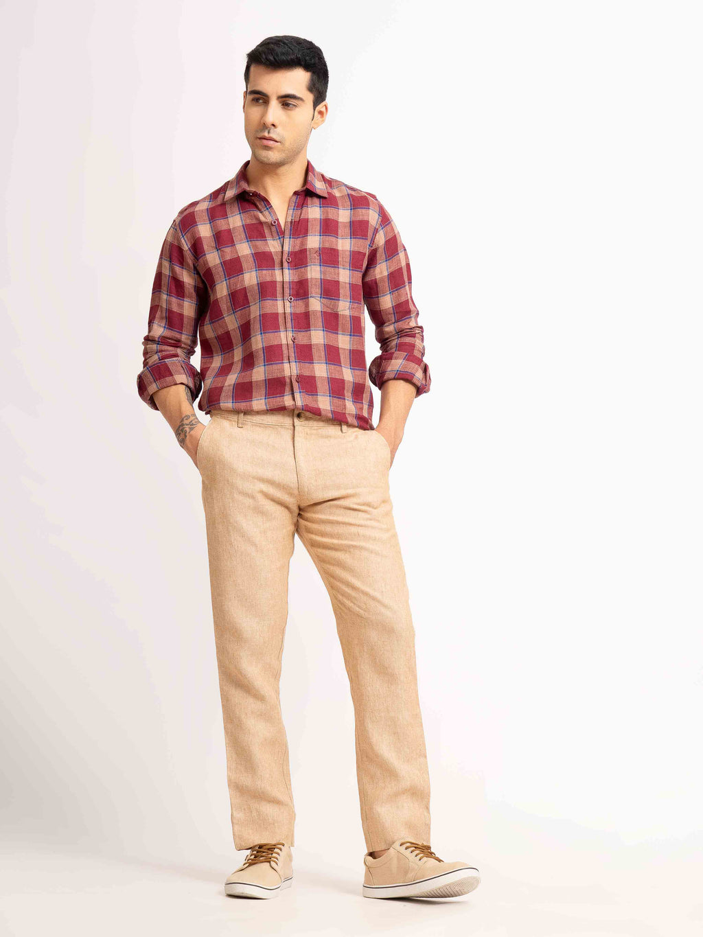 ST4U Men's Pure Linen Chambray Slim Fit Flat Front Trouser – Almond