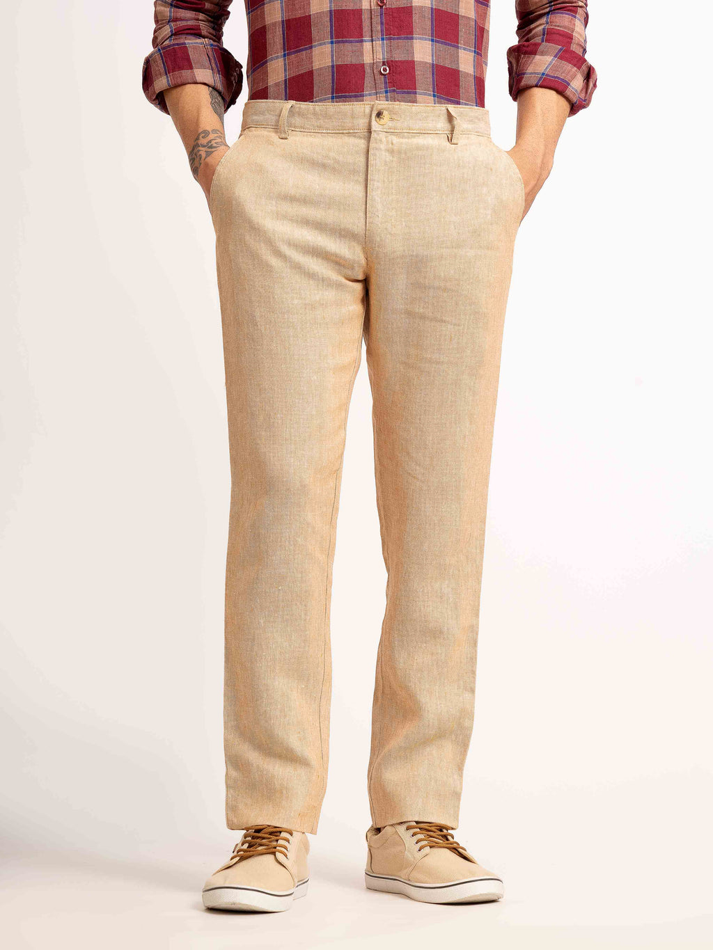 ST4U Men's Pure Linen Chambray Slim Fit Flat Front Trouser – Almond