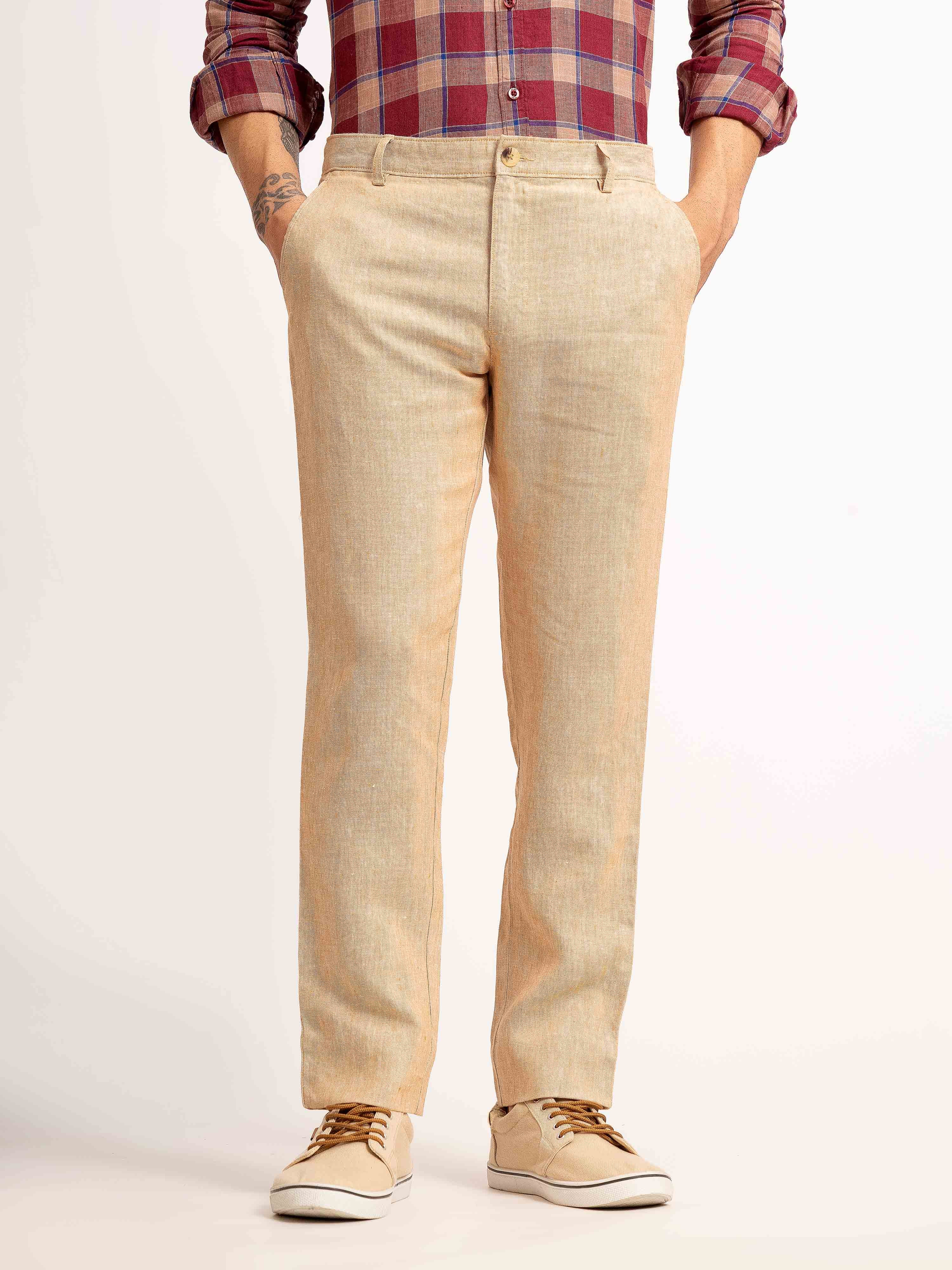 ST4U Men's Pure Linen Chambray Slim Fit Flat Front Trouser – Almond