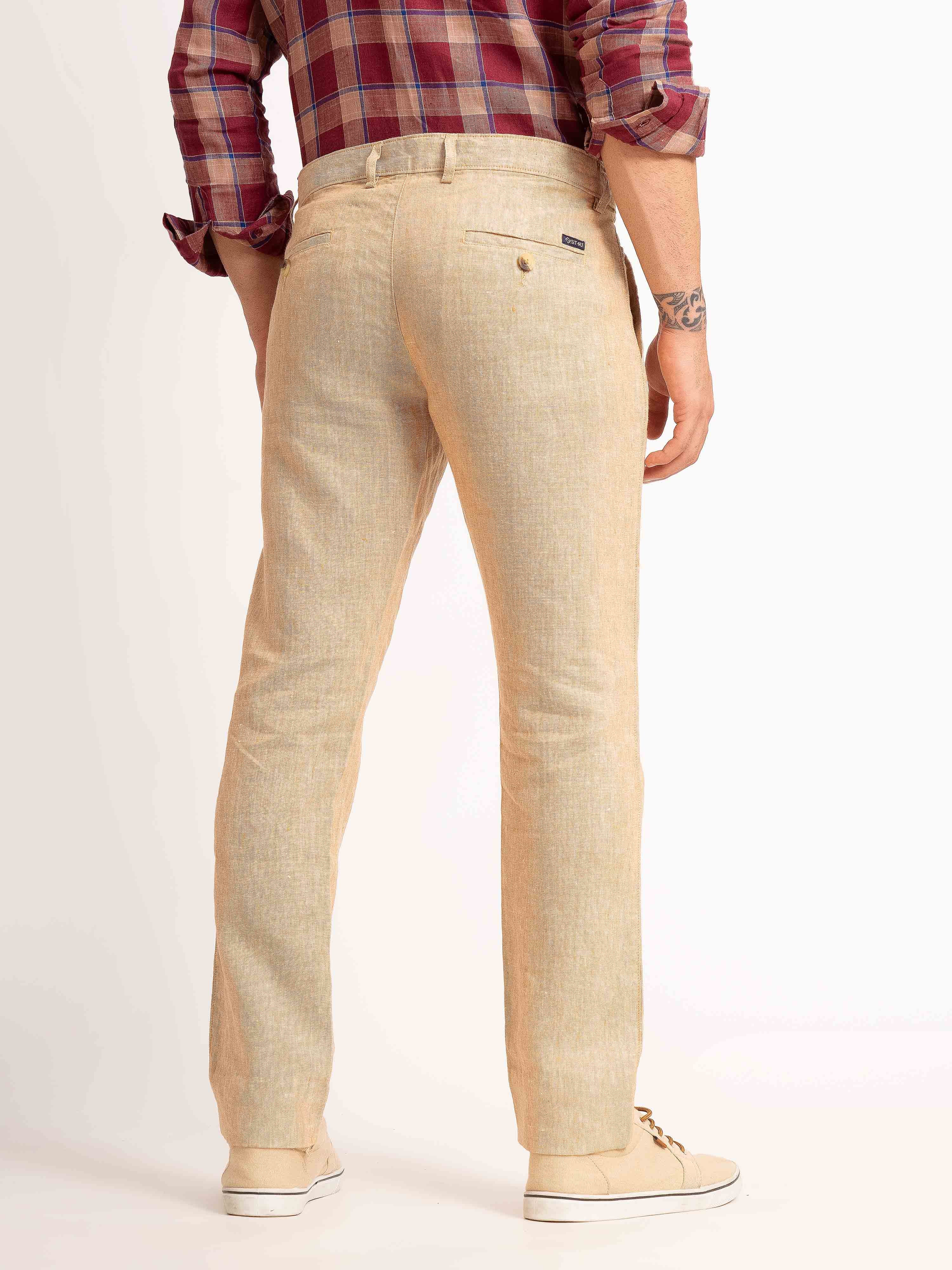 ST4U Men's Pure Linen Chambray Slim Fit Flat Front Trouser – Almond
