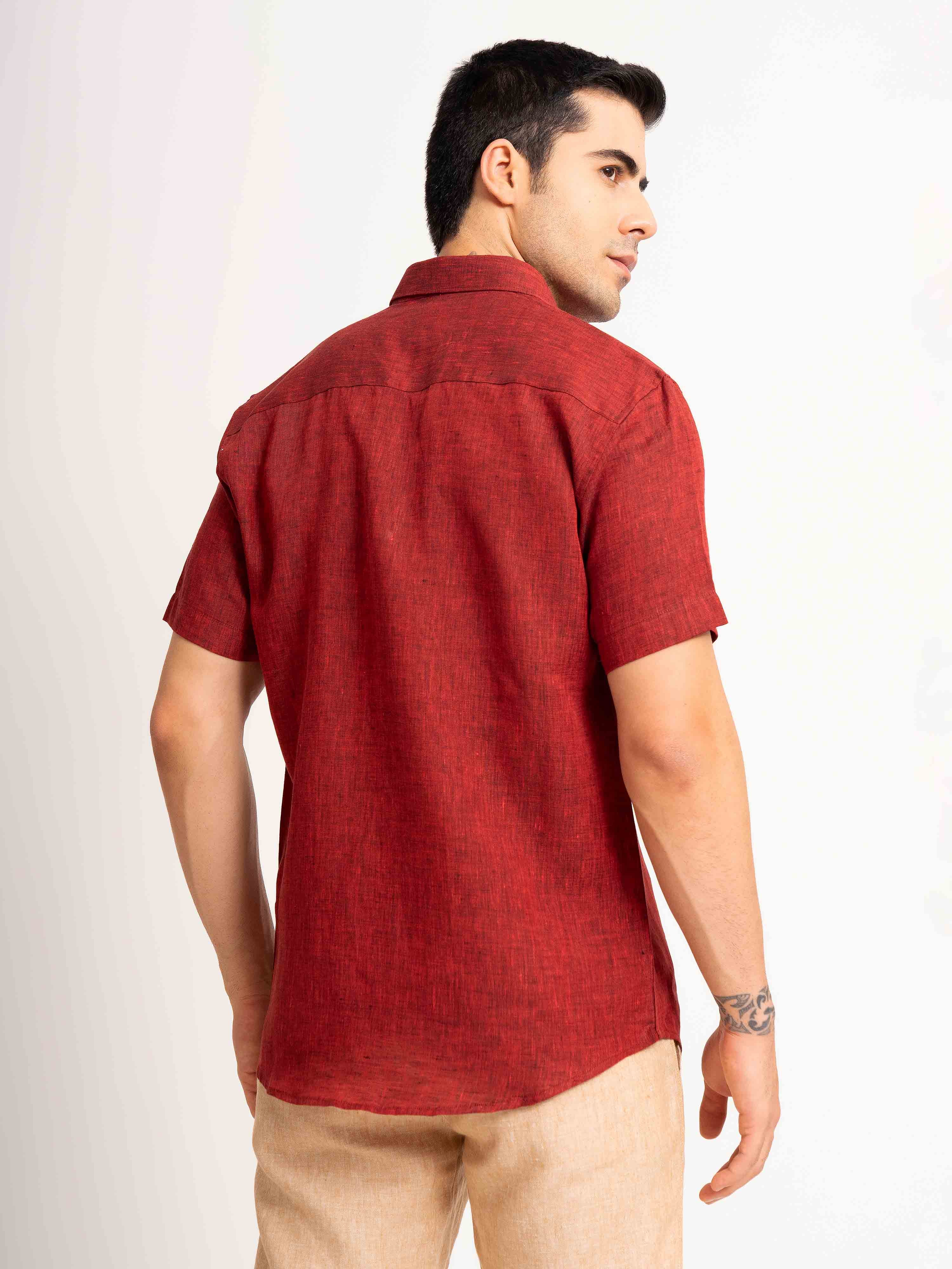 ST4U Men's Pure Linen Half Sleeve Shirt – Dark Maroon