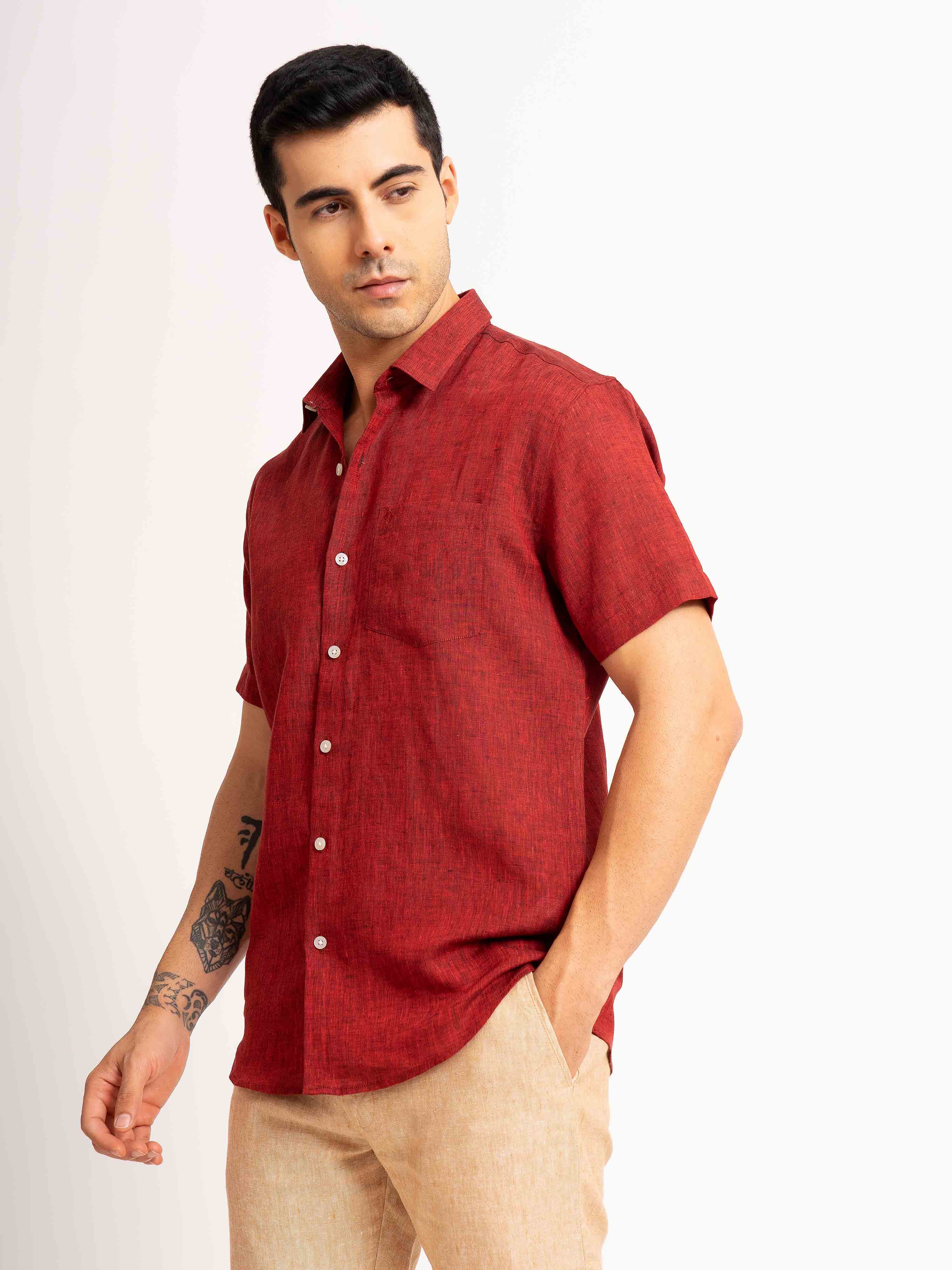 ST4U Men's Pure Linen Half Sleeve Shirt – Dark Maroon