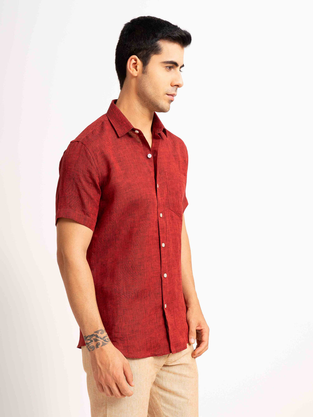 ST4U Men's Pure Linen Half Sleeve Shirt – Dark Maroon