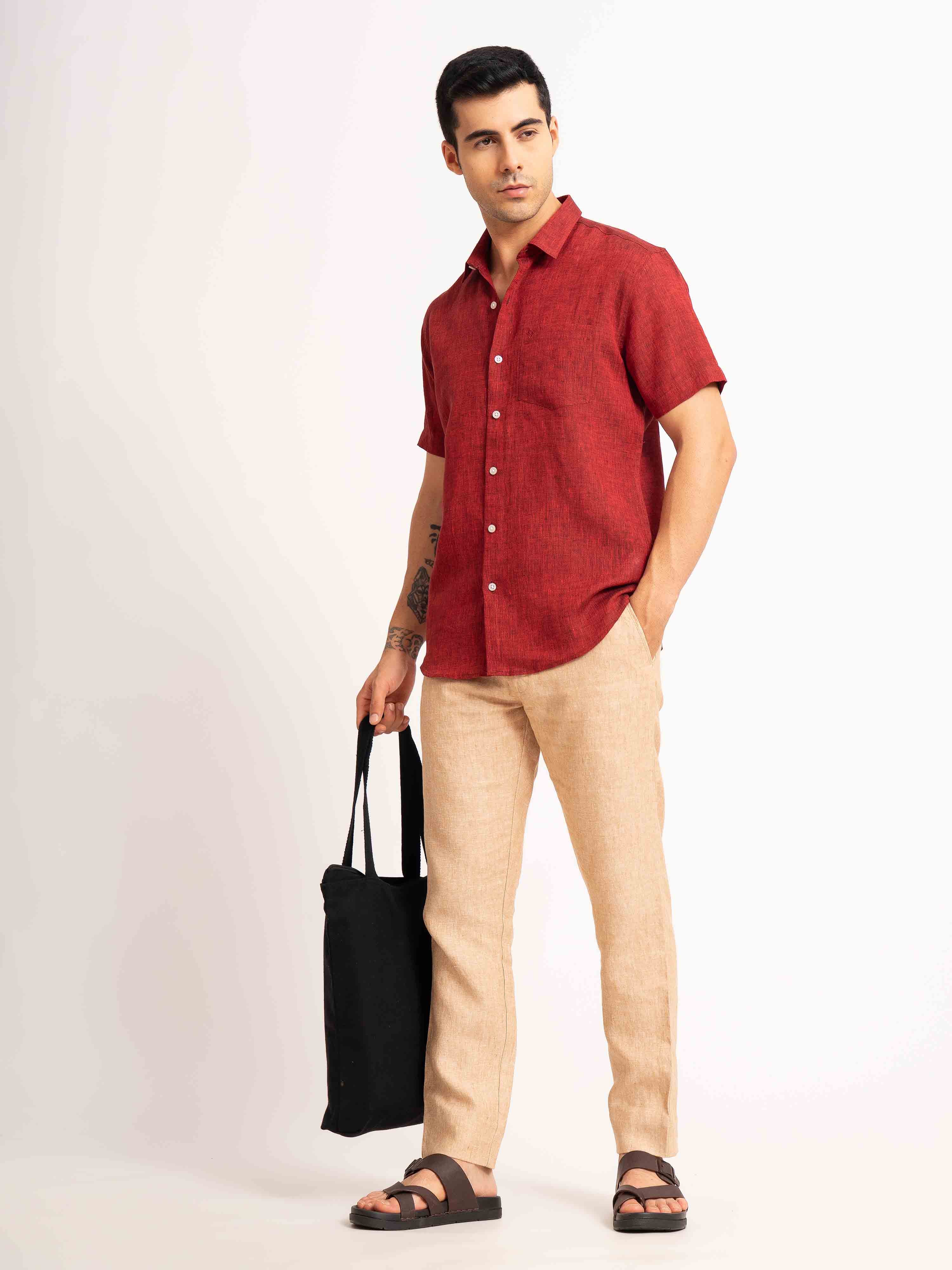 ST4U Men's Pure Linen Half Sleeve Shirt – Dark Maroon