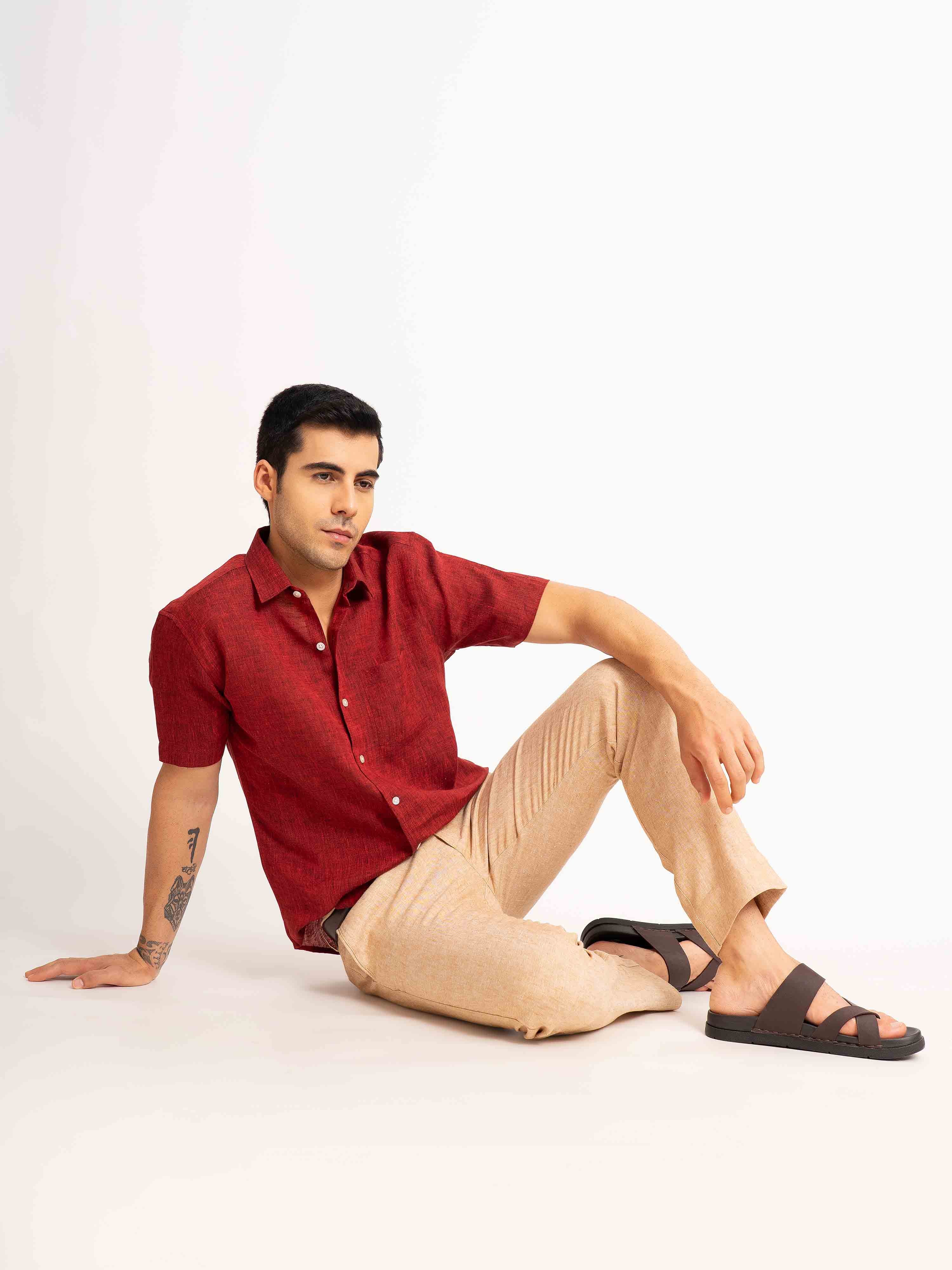 ST4U Men's Pure Linen Half Sleeve Shirt – Dark Maroon