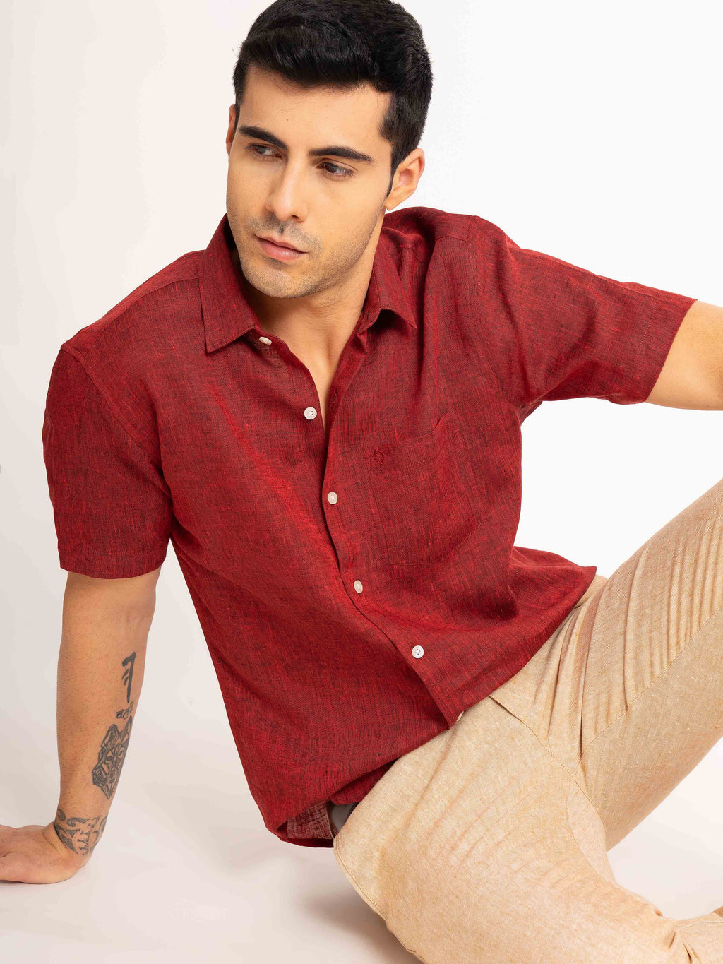 ST4U Men's Pure Linen Half Sleeve Shirt – Dark Maroon