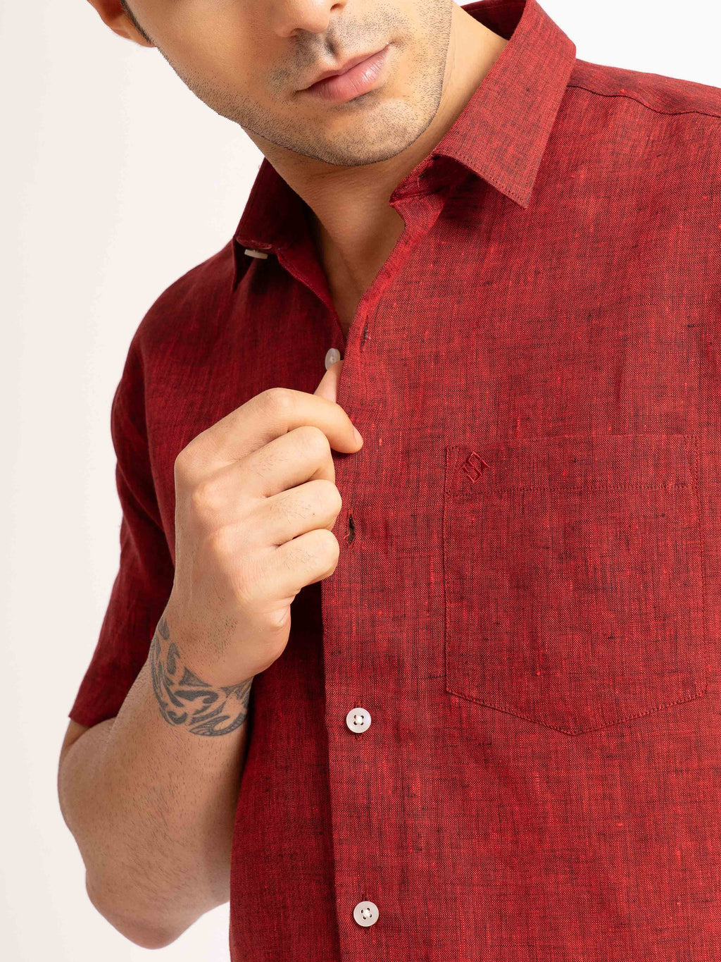 ST4U Men's Pure Linen Half Sleeve Shirt – Dark Maroon