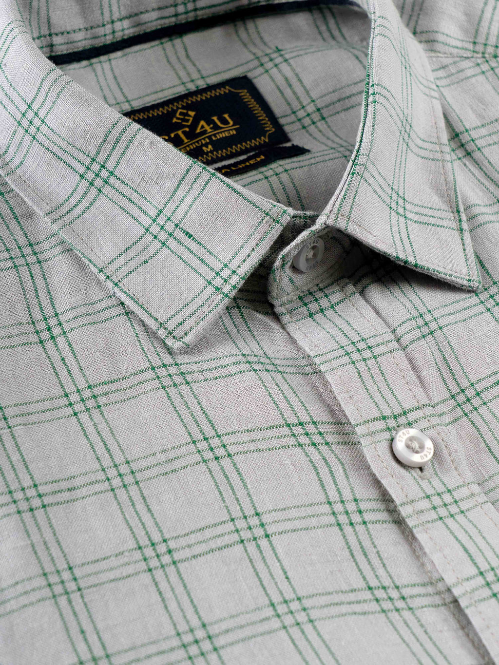 ST4U Men's Pure Linen Half Sleeve Checked Shirt – Green Grey Checks