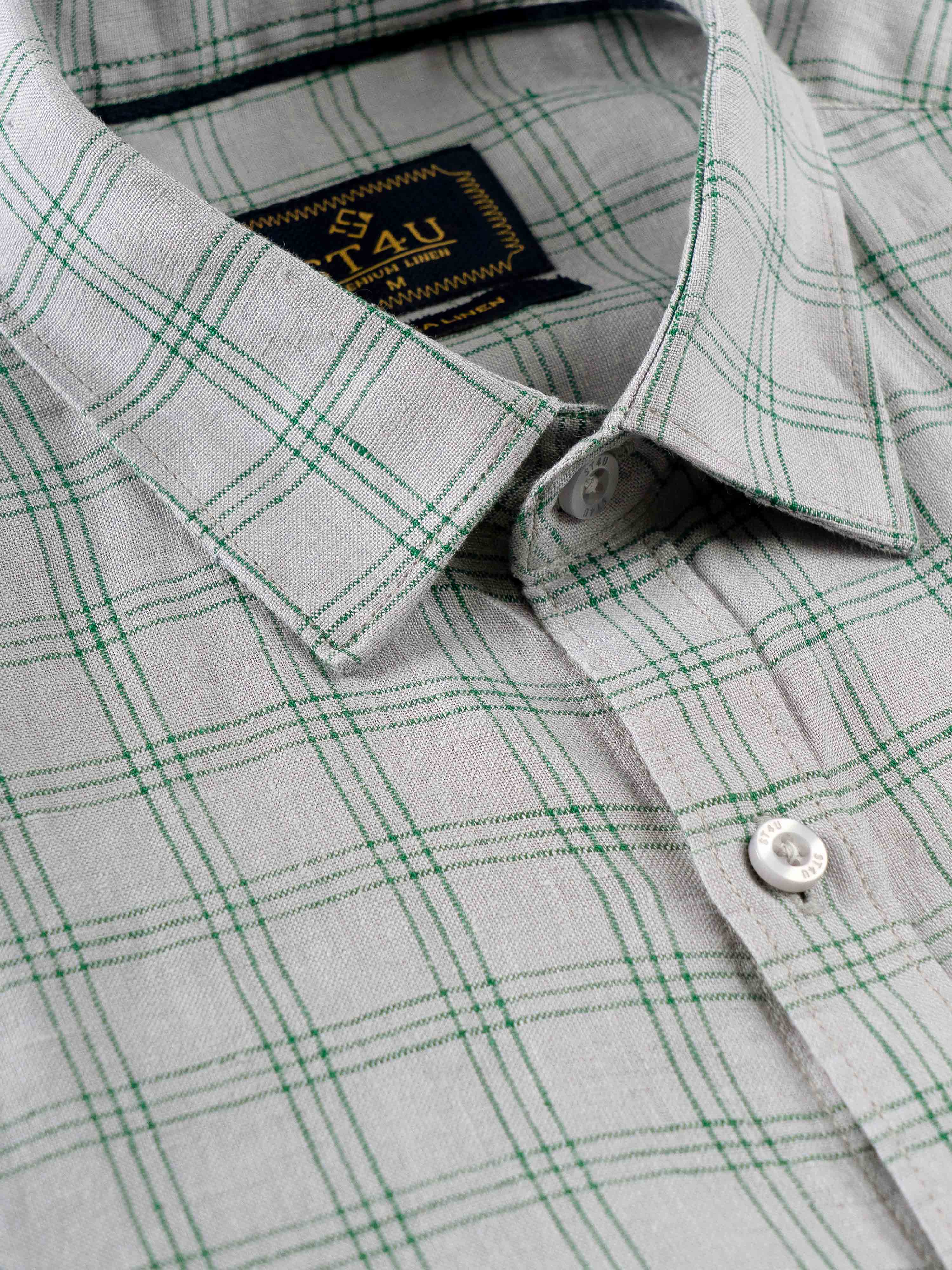 ST4U Men's Pure Linen Half Sleeve Checked Shirt – Green Grey Checks