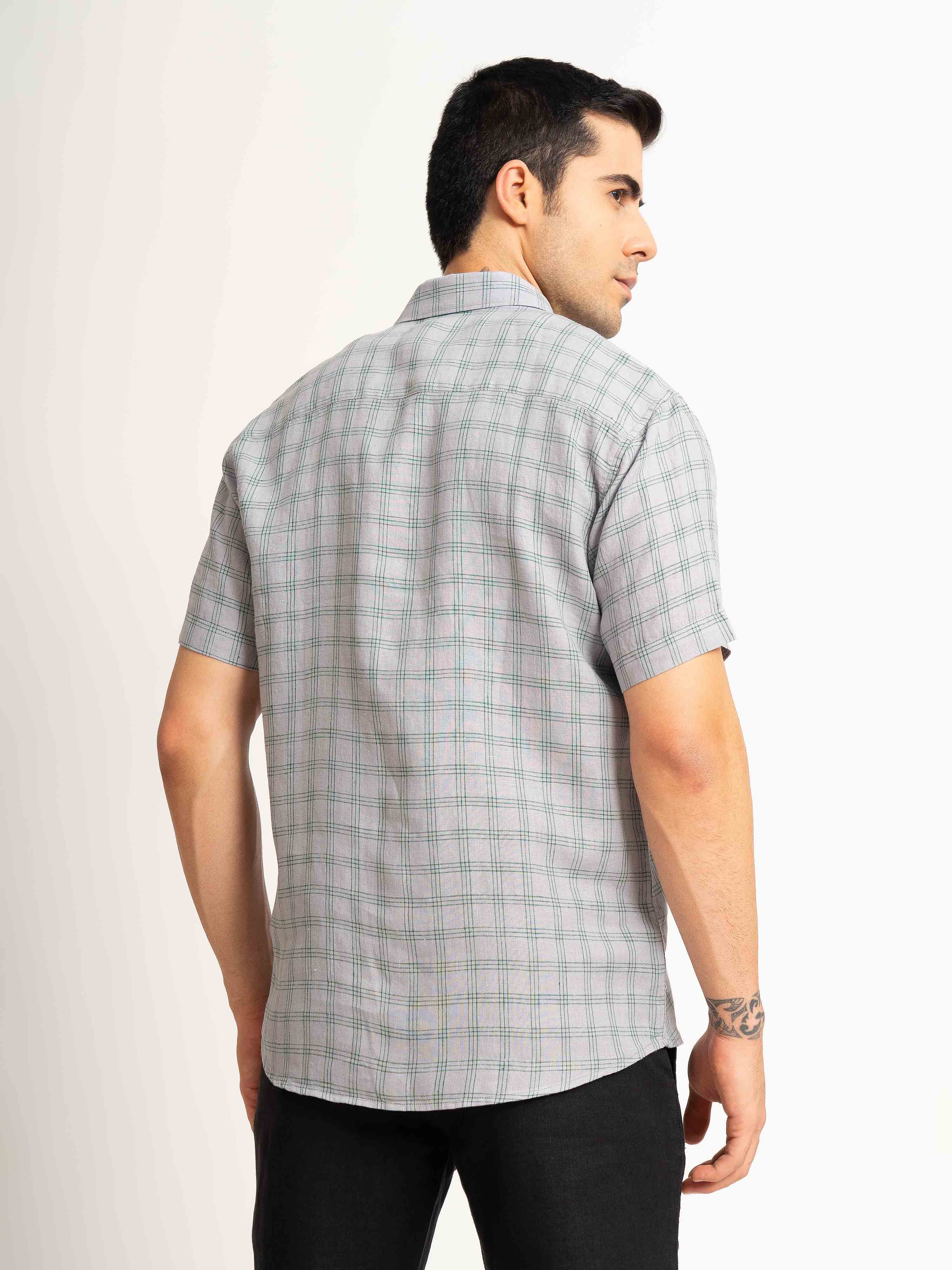 ST4U Men's Pure Linen Half Sleeve Checked Shirt – Green Grey Checks
