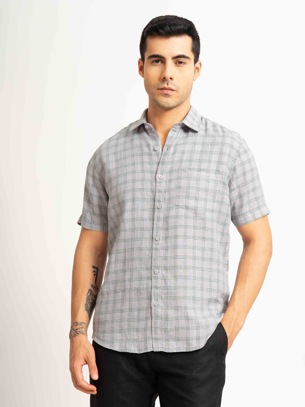 ST4U Men's Pure Linen Half Sleeve Checked Shirt – Green Grey Checks