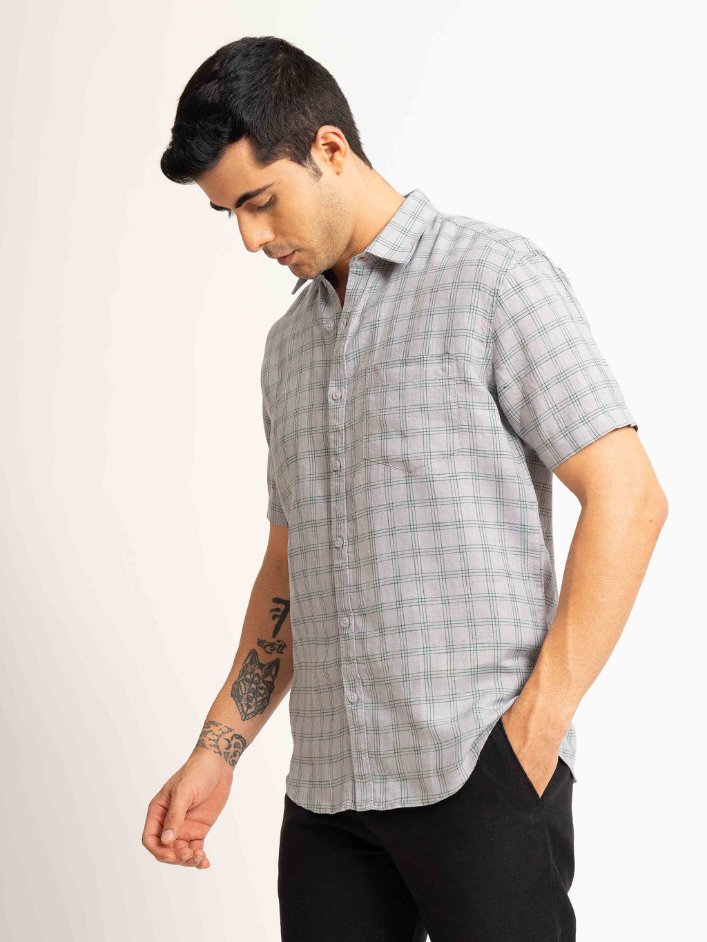 ST4U Men's Pure Linen Half Sleeve Checked Shirt – Green Grey Checks