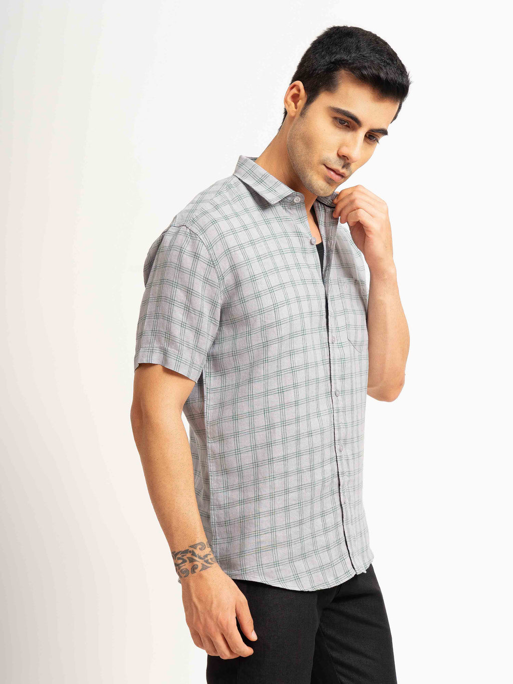 ST4U Men's Pure Linen Half Sleeve Checked Shirt – Green Grey Checks