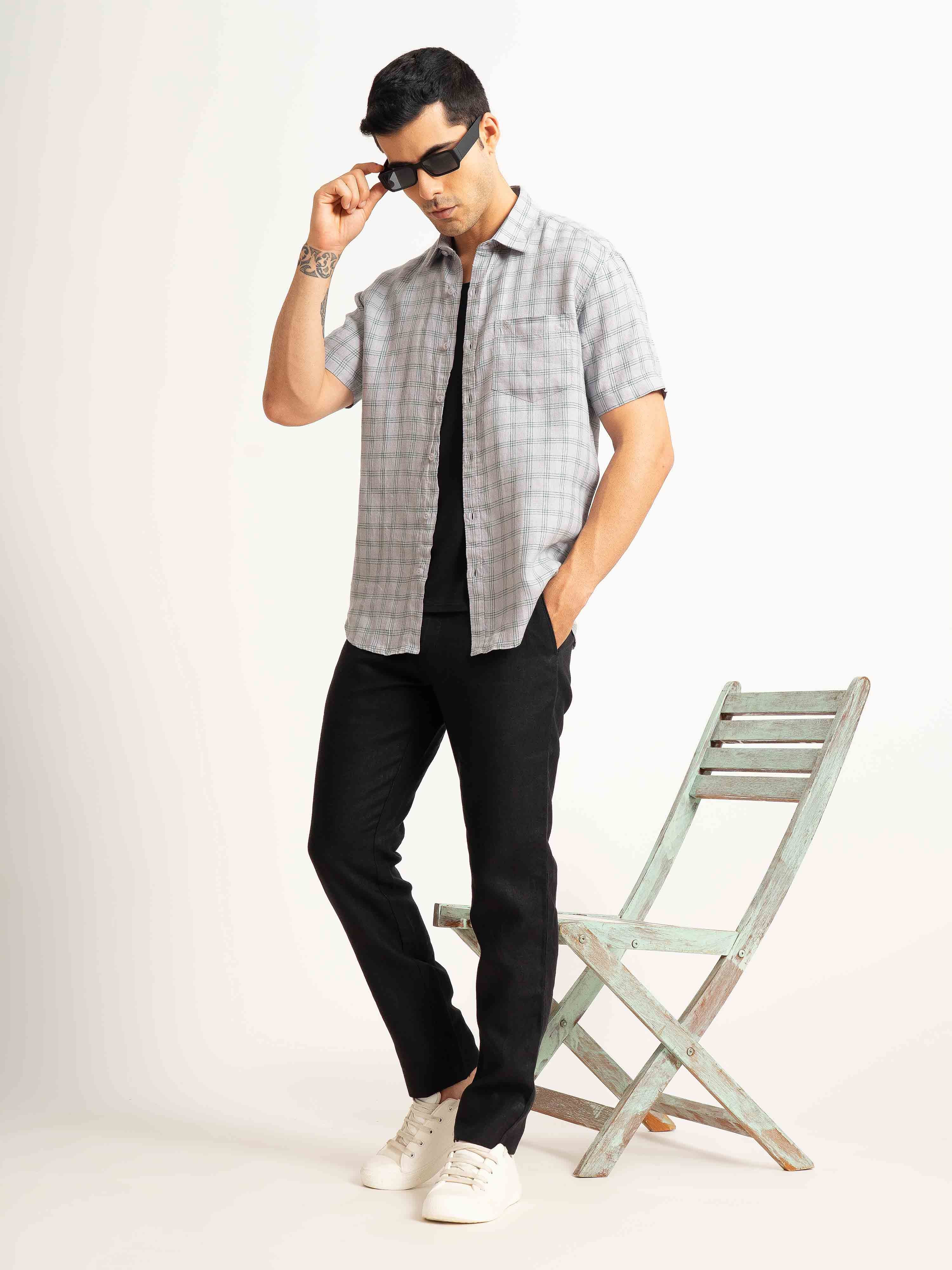 ST4U Men's Pure Linen Half Sleeve Checked Shirt – Green Grey Checks