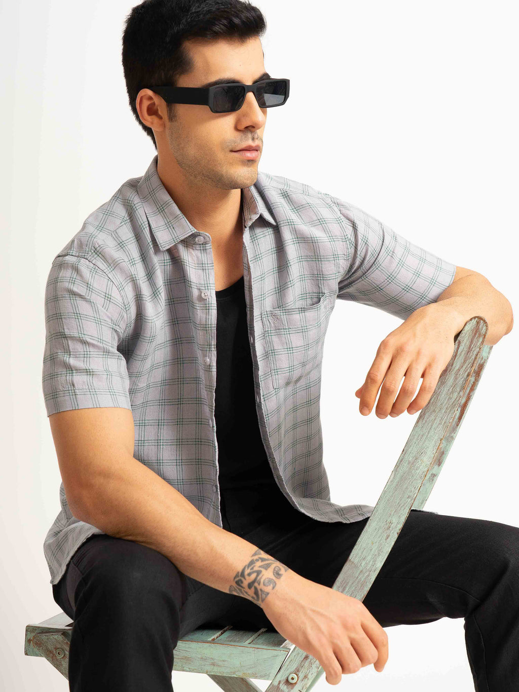 ST4U Men's Pure Linen Half Sleeve Checked Shirt – Green Grey Checks