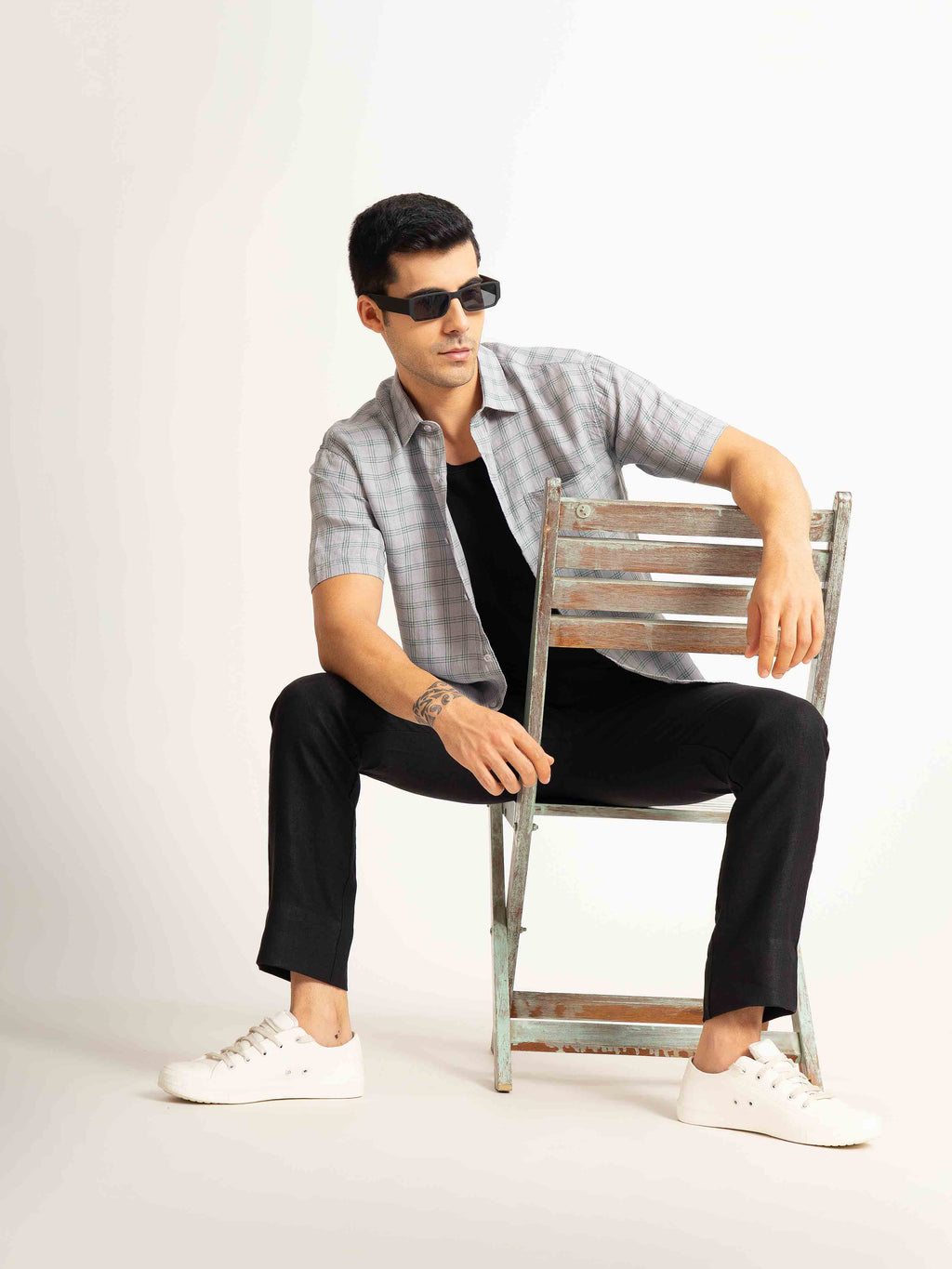 ST4U Men's Pure Linen Half Sleeve Checked Shirt – Green Grey Checks