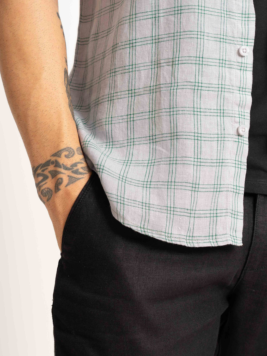 ST4U Men's Pure Linen Half Sleeve Checked Shirt – Green Grey Checks