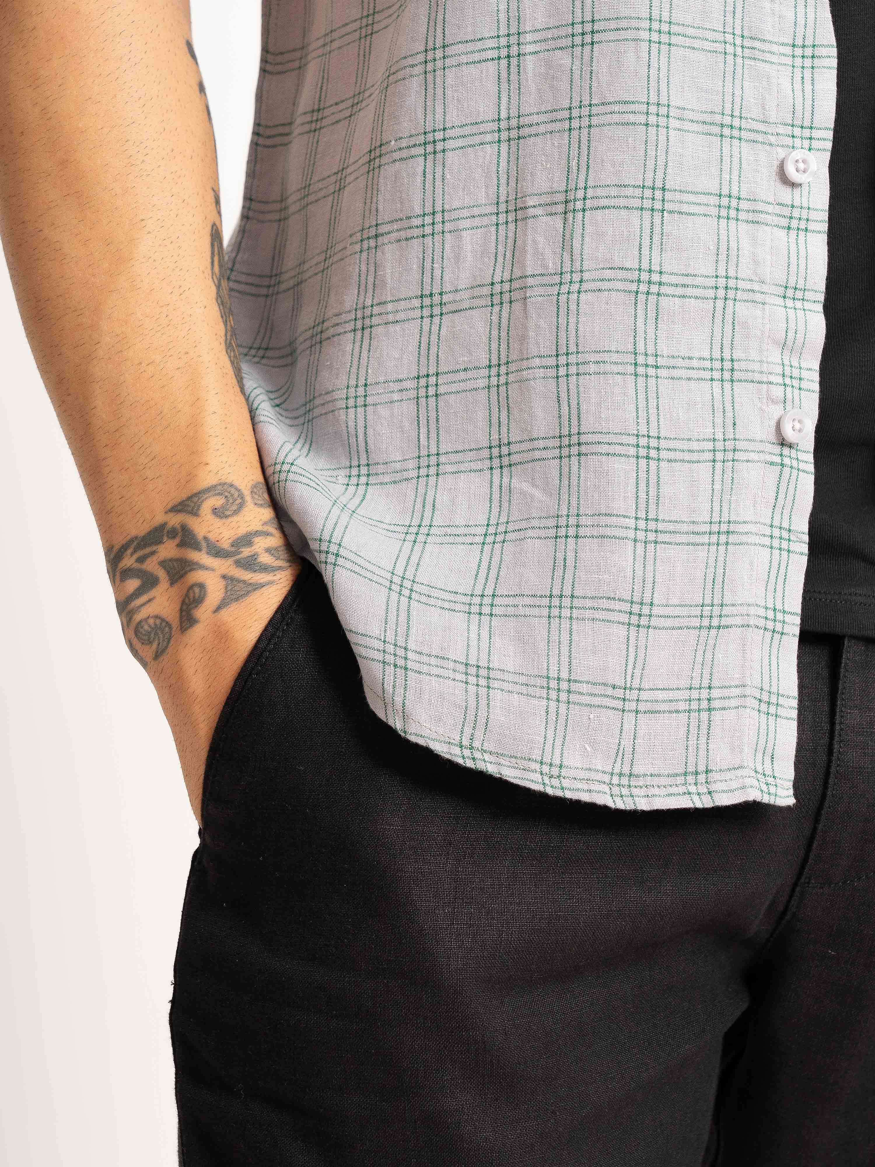 ST4U Men's Pure Linen Half Sleeve Checked Shirt – Green Grey Checks