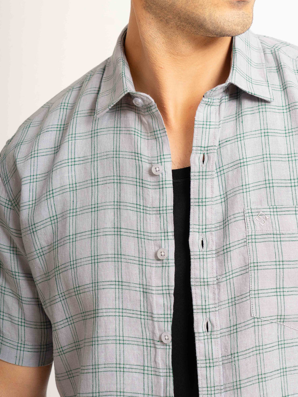 ST4U Men's Pure Linen Half Sleeve Checked Shirt – Green Grey Checks