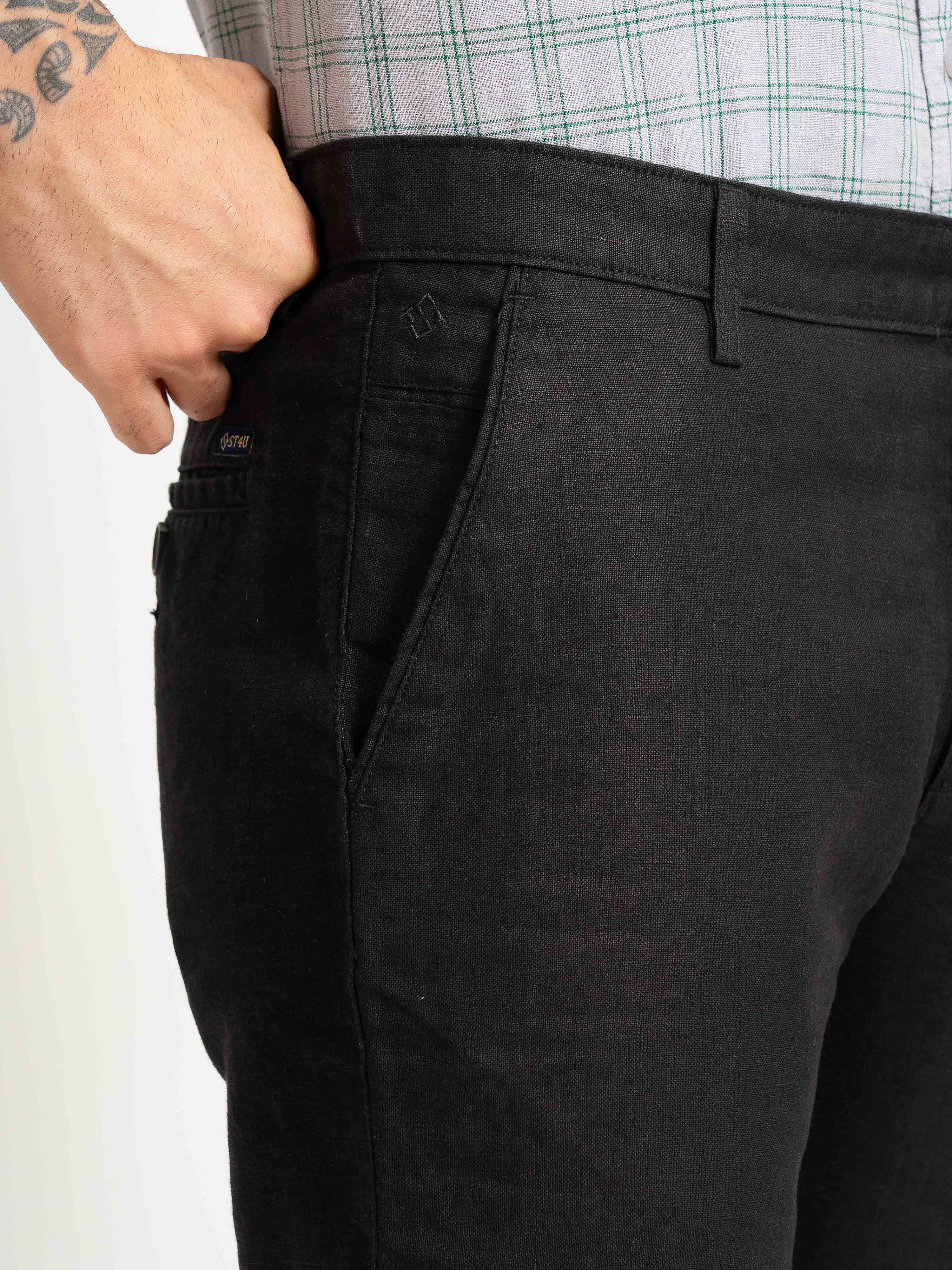 ST4U Men's Pure Linen Slim Fit Flat Front Trouser – Black