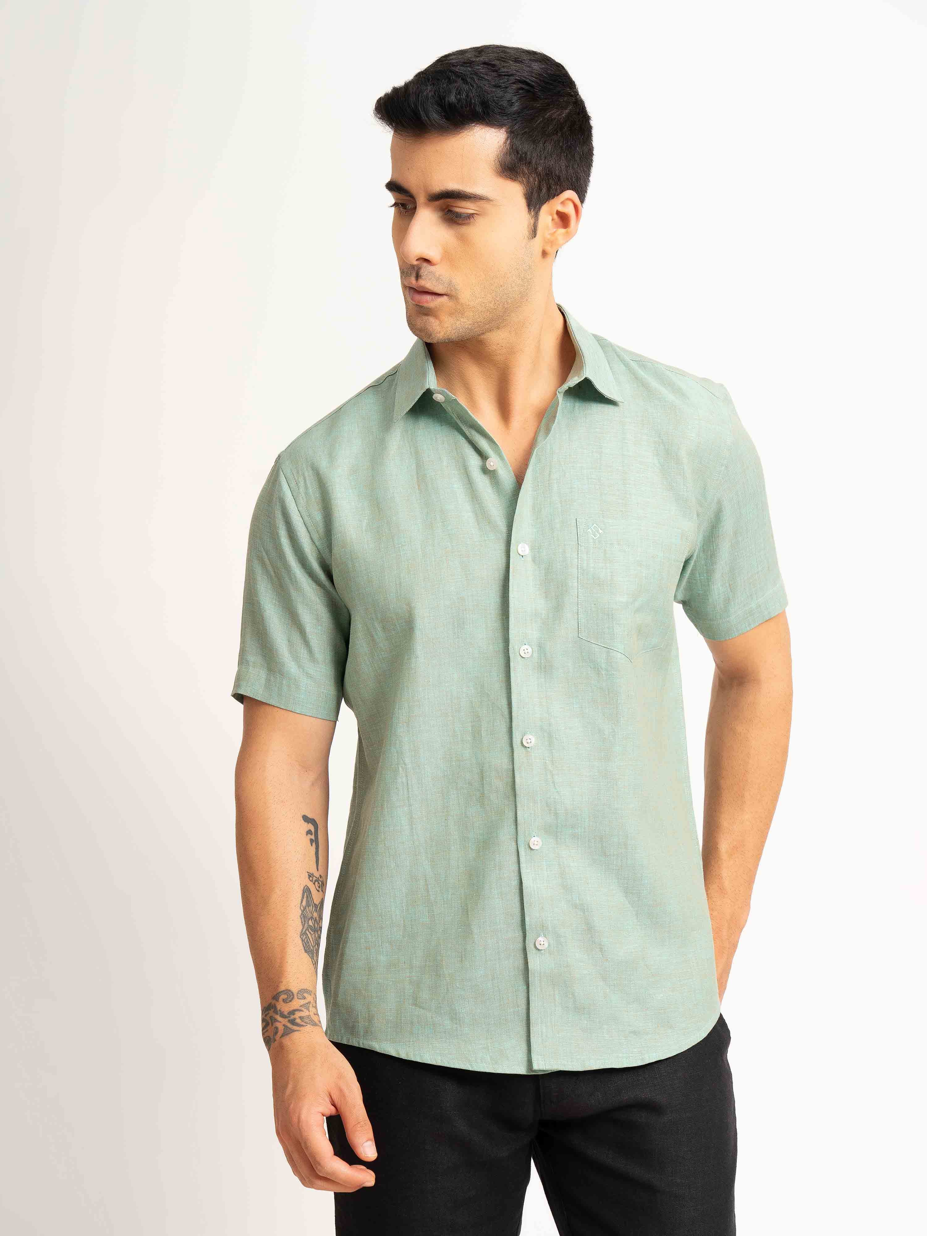 ST4U Men's Pure Linen Half Sleeve Shirt – Jade Green