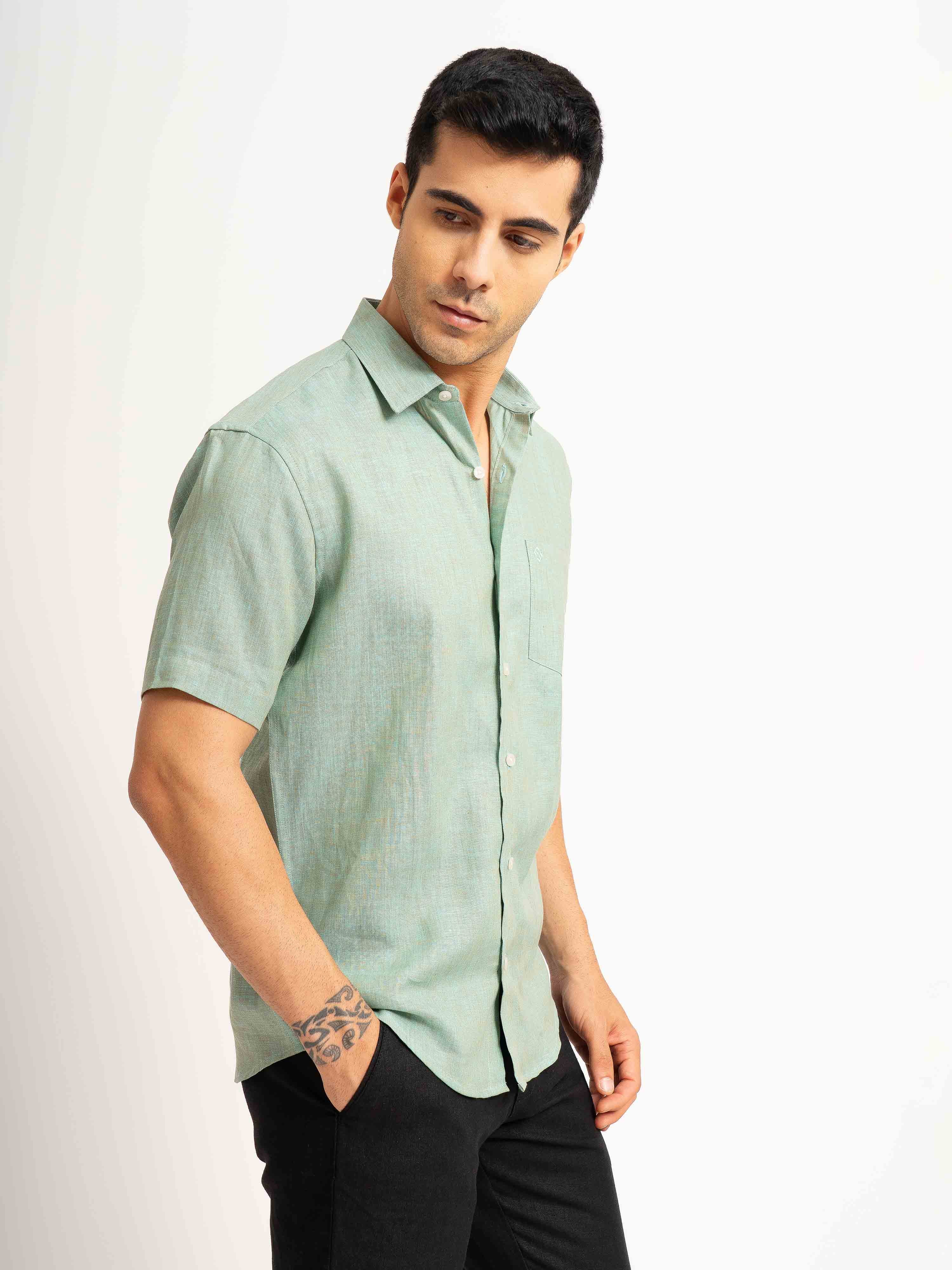 ST4U Men's Pure Linen Half Sleeve Shirt – Jade Green