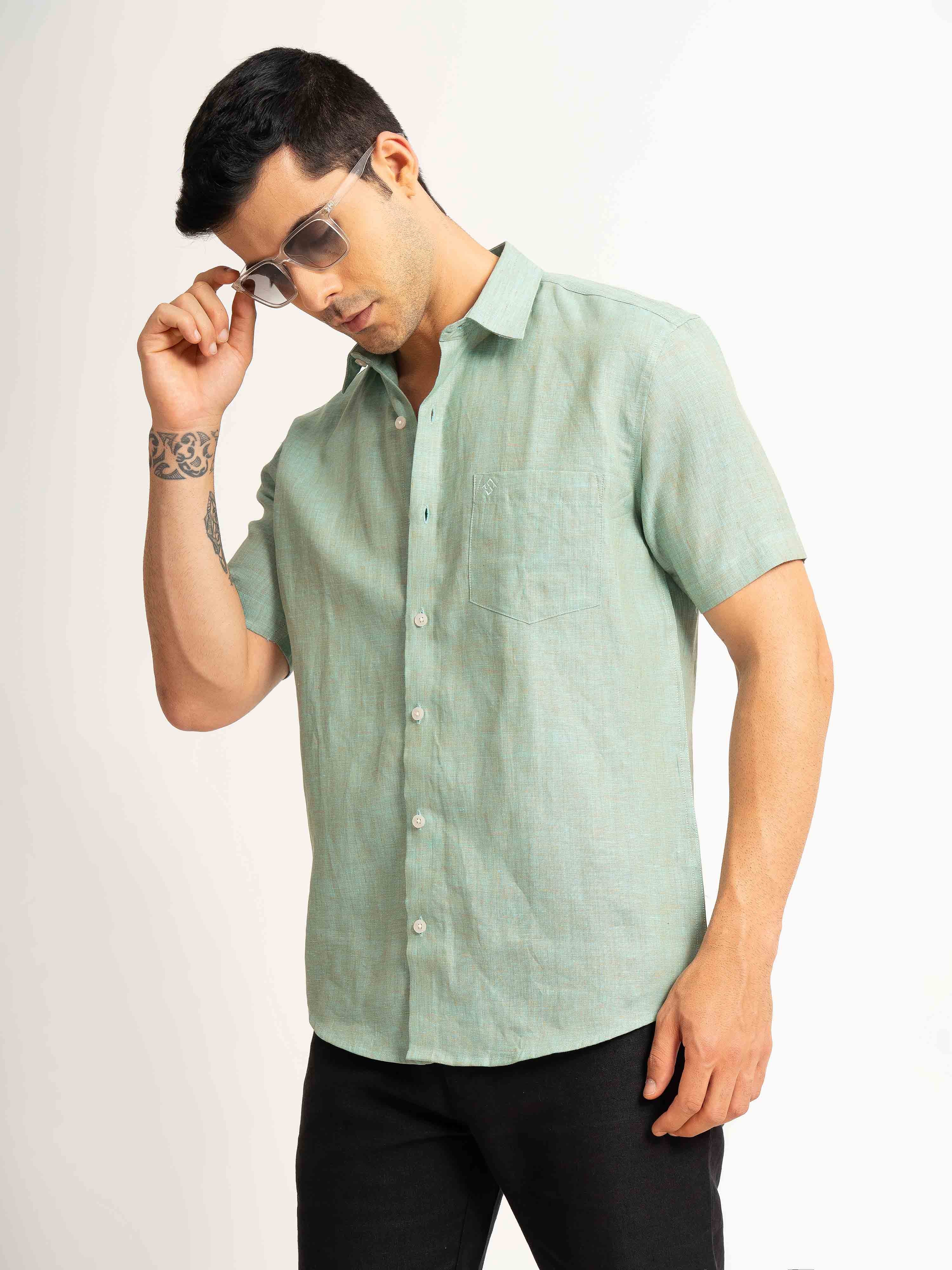 ST4U Men's Pure Linen Half Sleeve Shirt – Jade Green