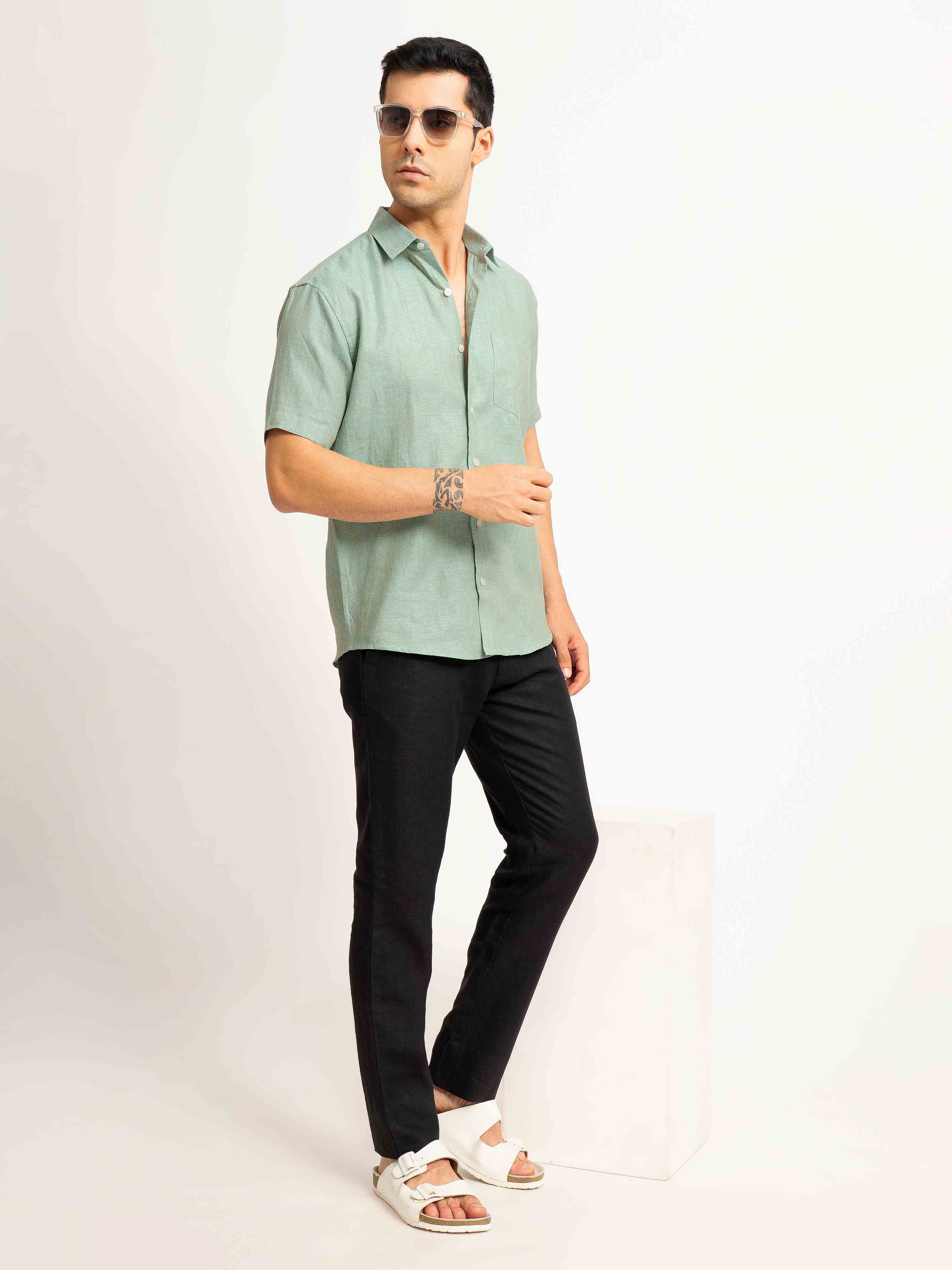 ST4U Men's Pure Linen Half Sleeve Shirt – Jade Green