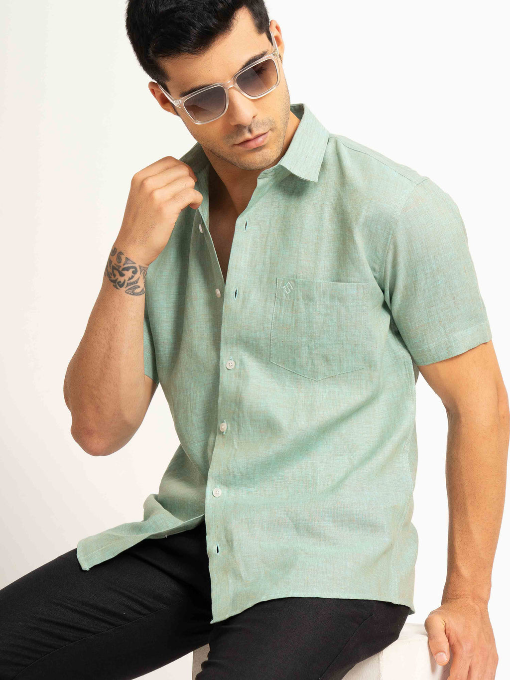 ST4U Men's Pure Linen Half Sleeve Shirt – Jade Green