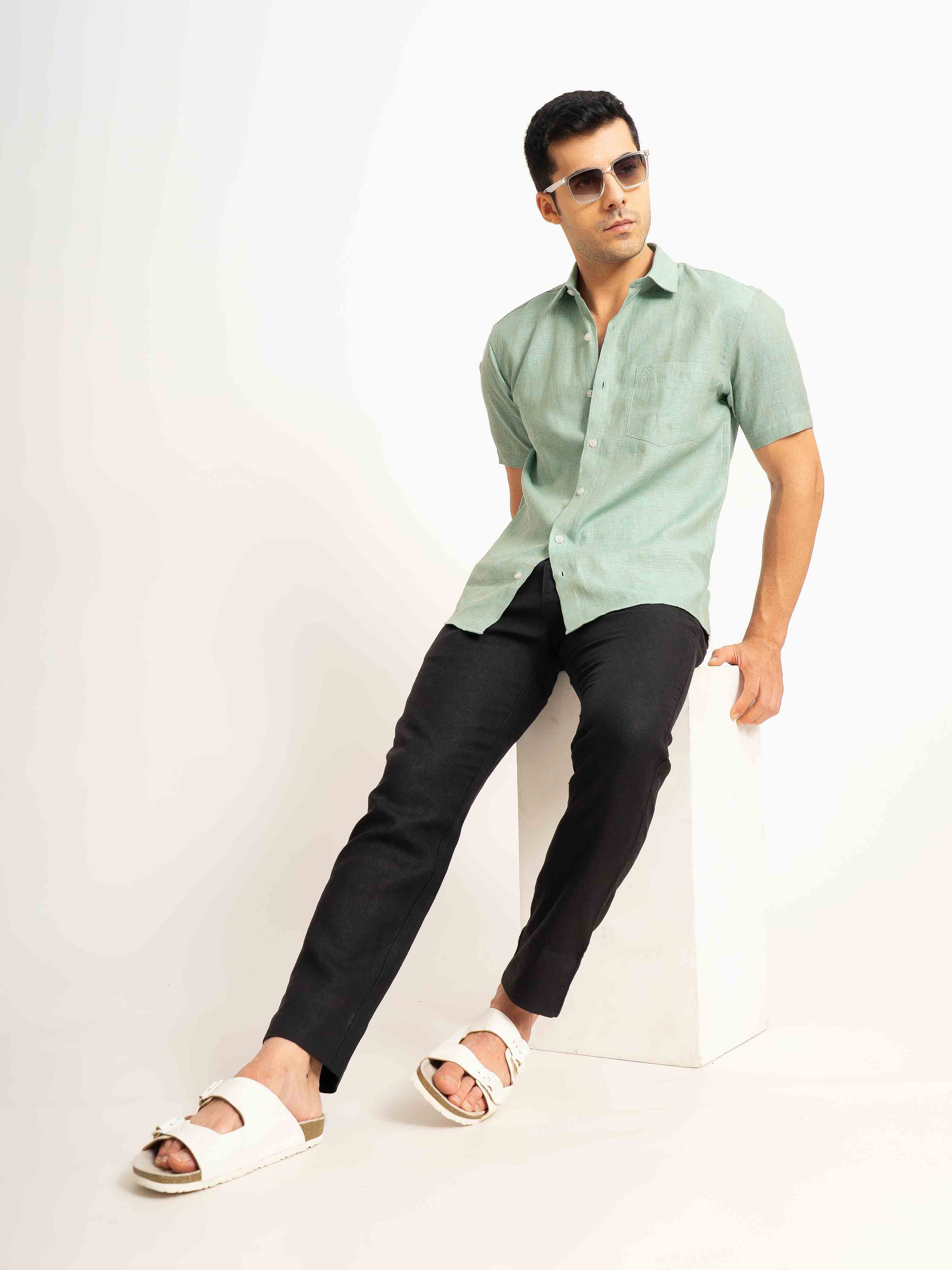 ST4U Men's Pure Linen Half Sleeve Shirt – Jade Green