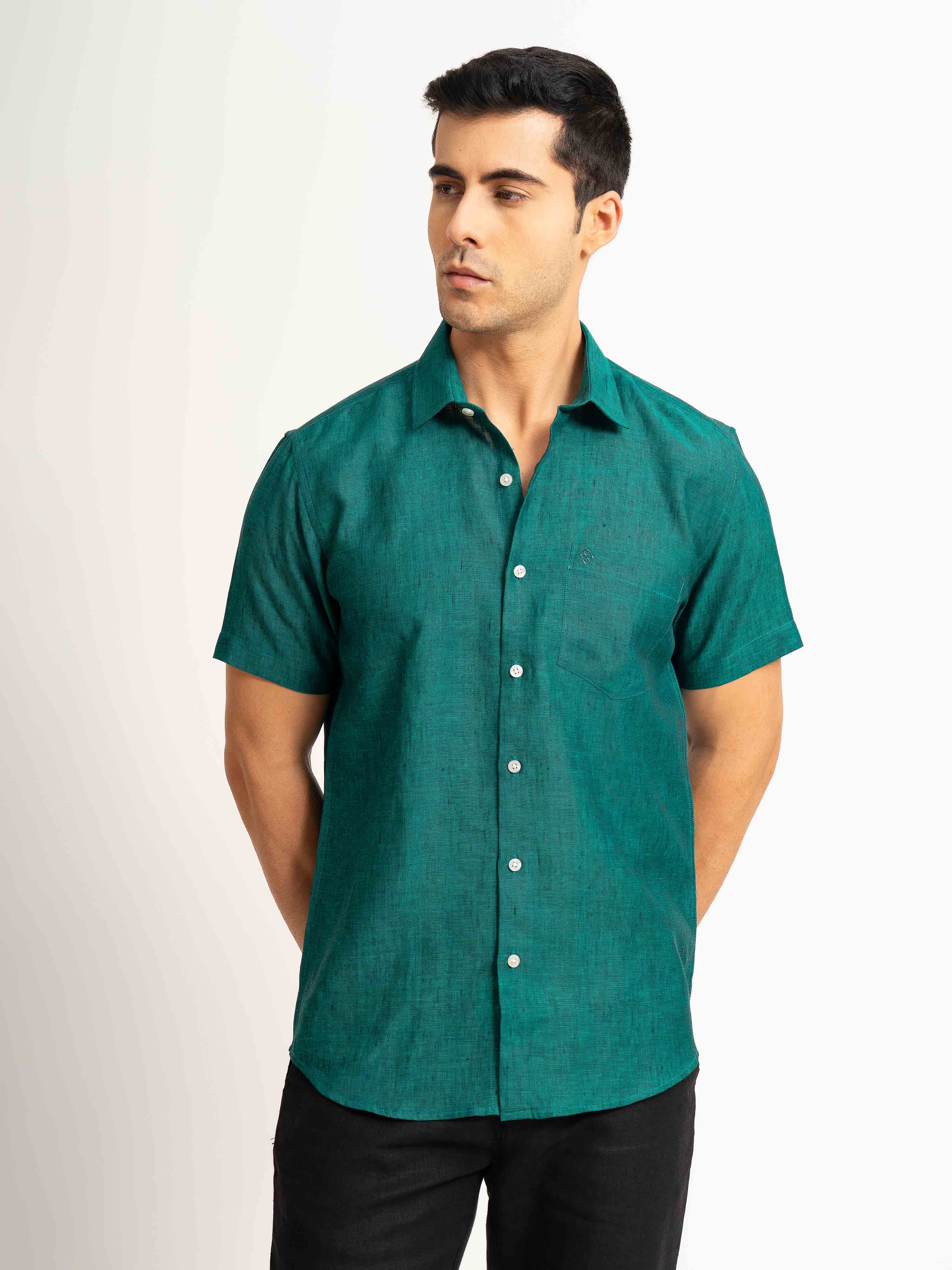 ST4U Men's Pure Linen Half Sleeve Shirt – Dark Green