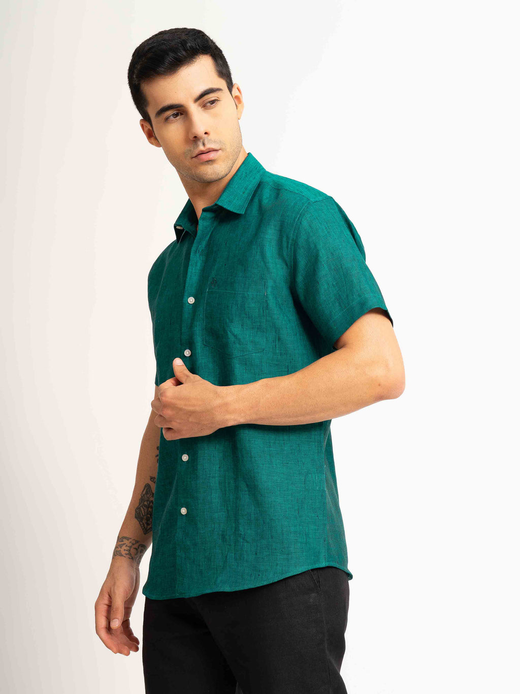 ST4U Men's Pure Linen Half Sleeve Shirt – Dark Green
