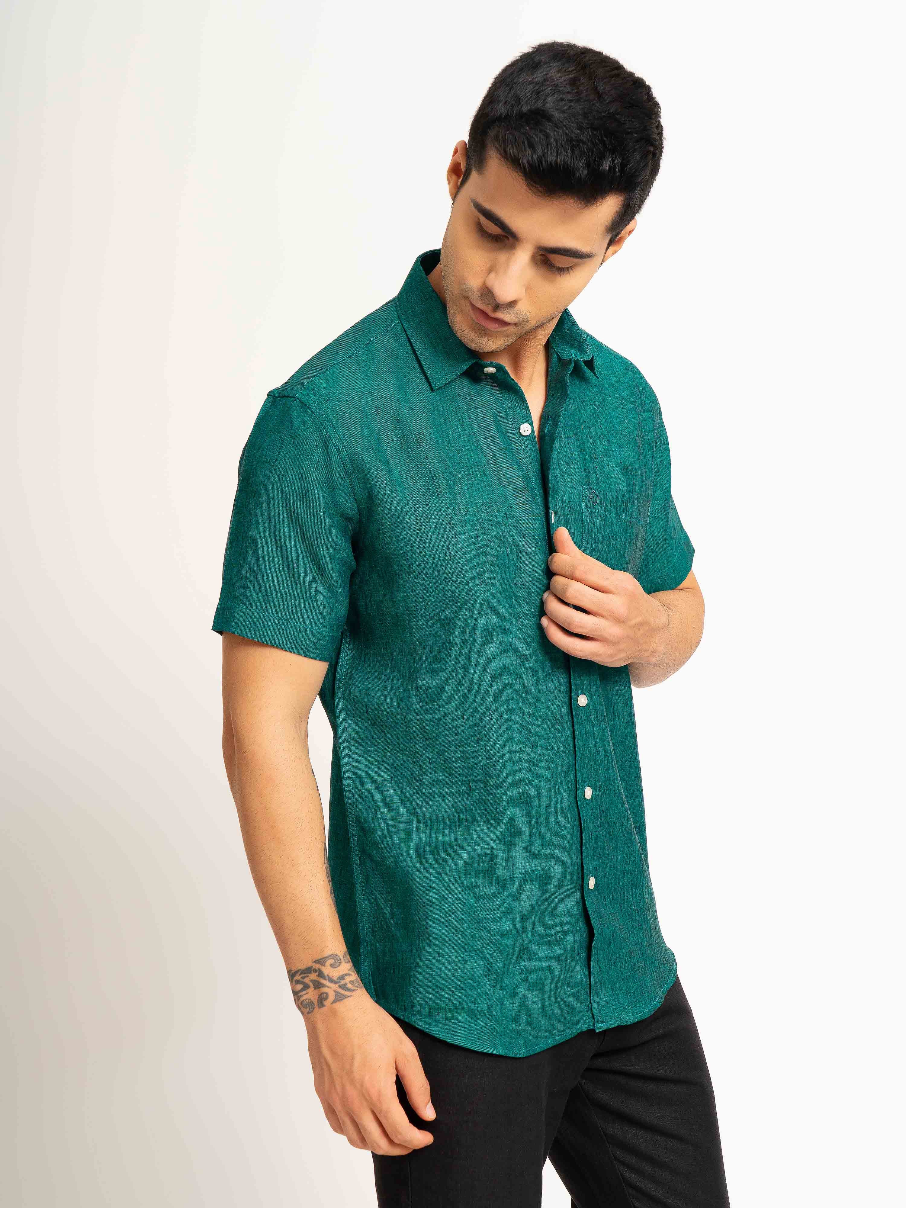 ST4U Men's Pure Linen Half Sleeve Shirt – Dark Green