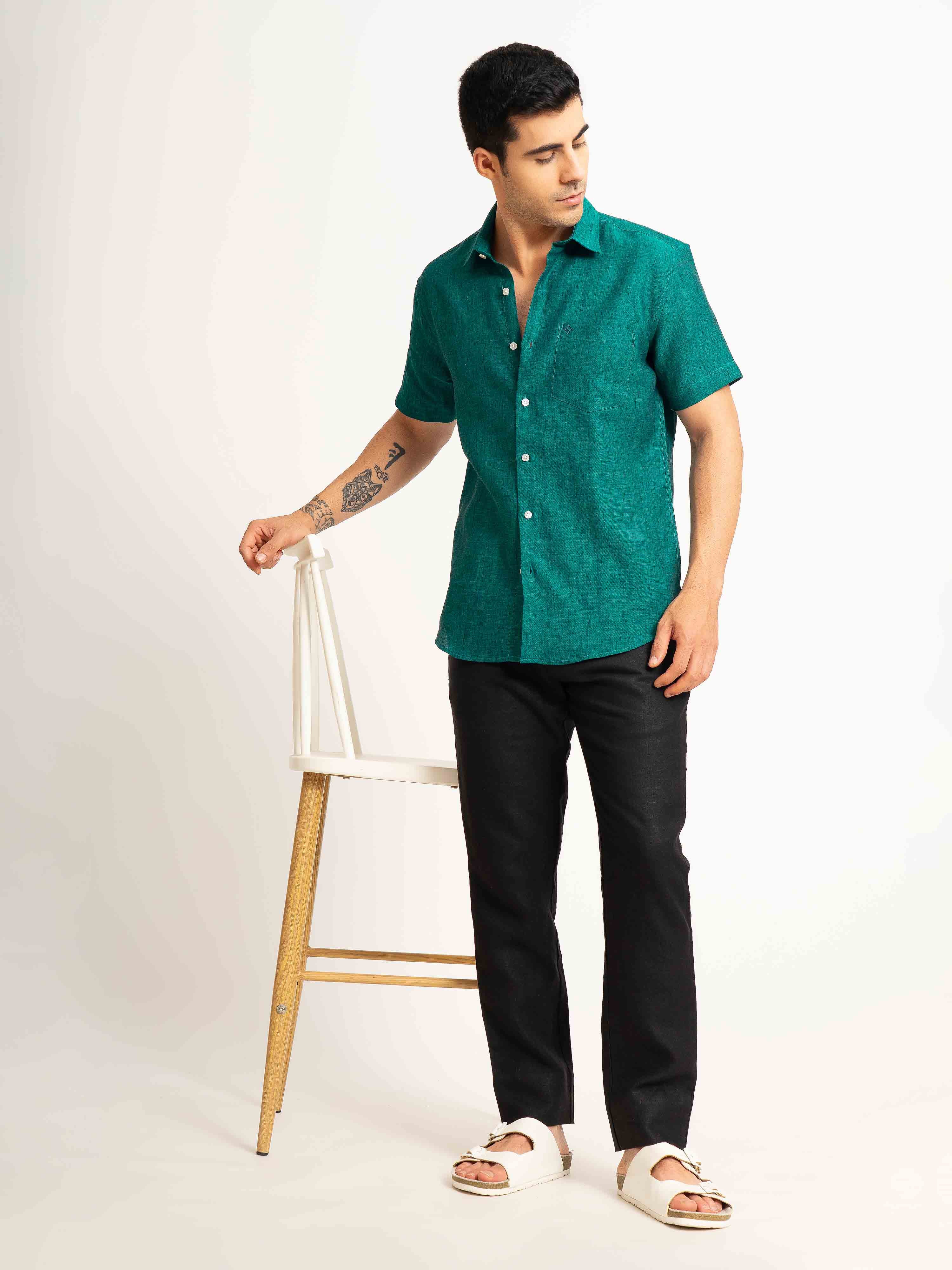 ST4U Men's Pure Linen Half Sleeve Shirt – Dark Green