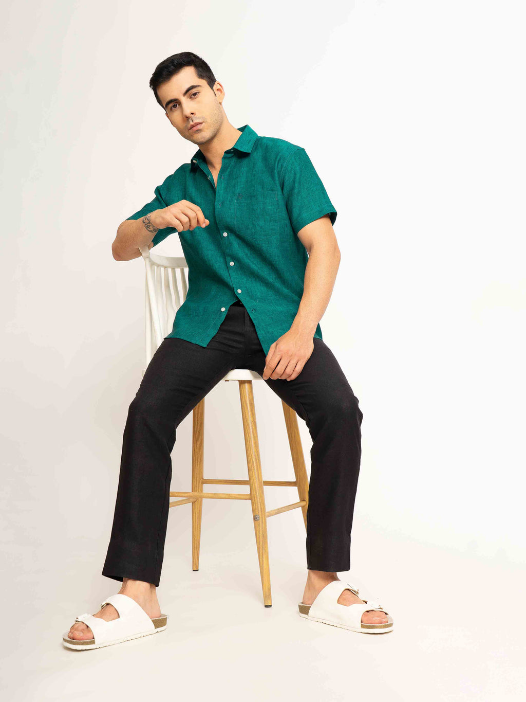 ST4U Men's Pure Linen Half Sleeve Shirt – Dark Green