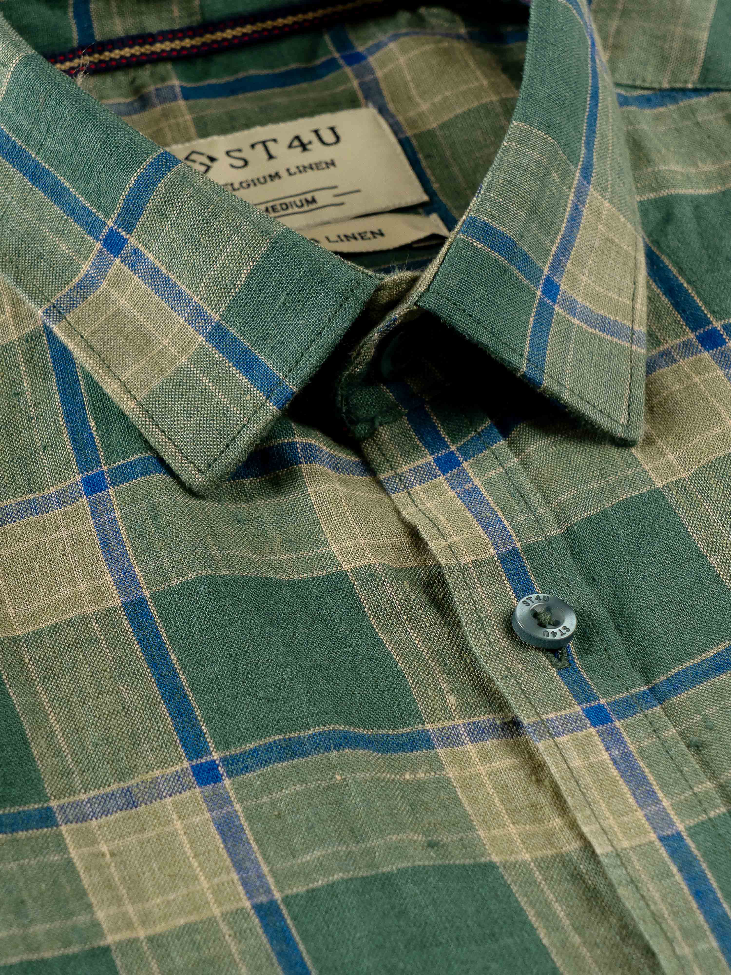 ST4U Men's Pure Linen Half Sleeve Checked Shirt – Olive Green Checks