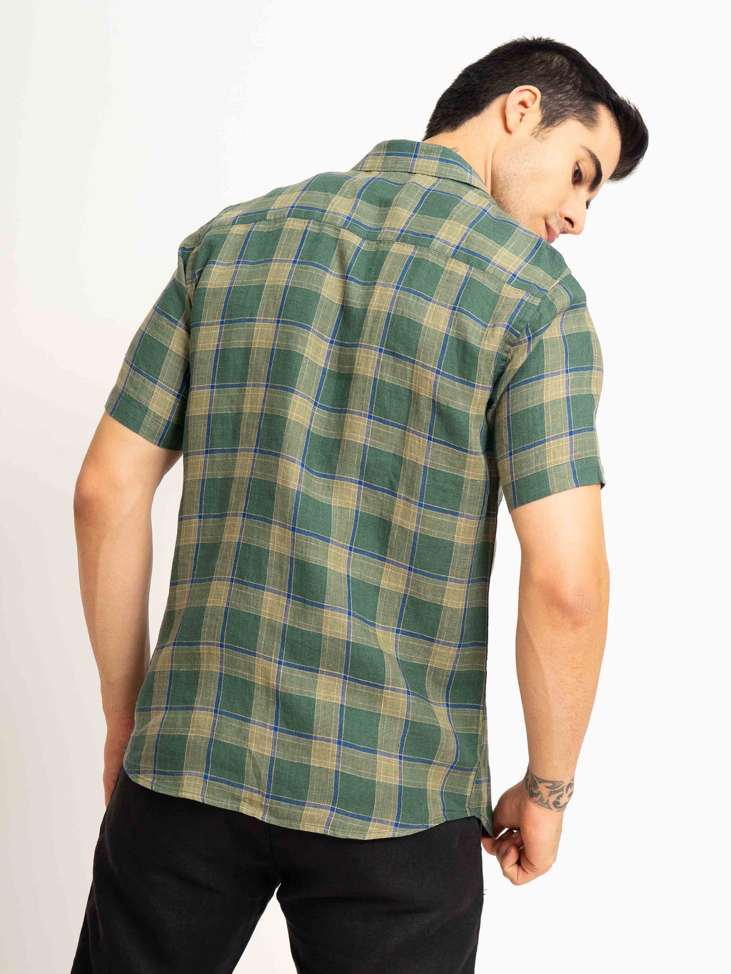 ST4U Men's Pure Linen Half Sleeve Checked Shirt – Olive Green Checks
