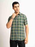 ST4U Men's Pure Linen Half Sleeve Checked Shirt – Olive Green Checks