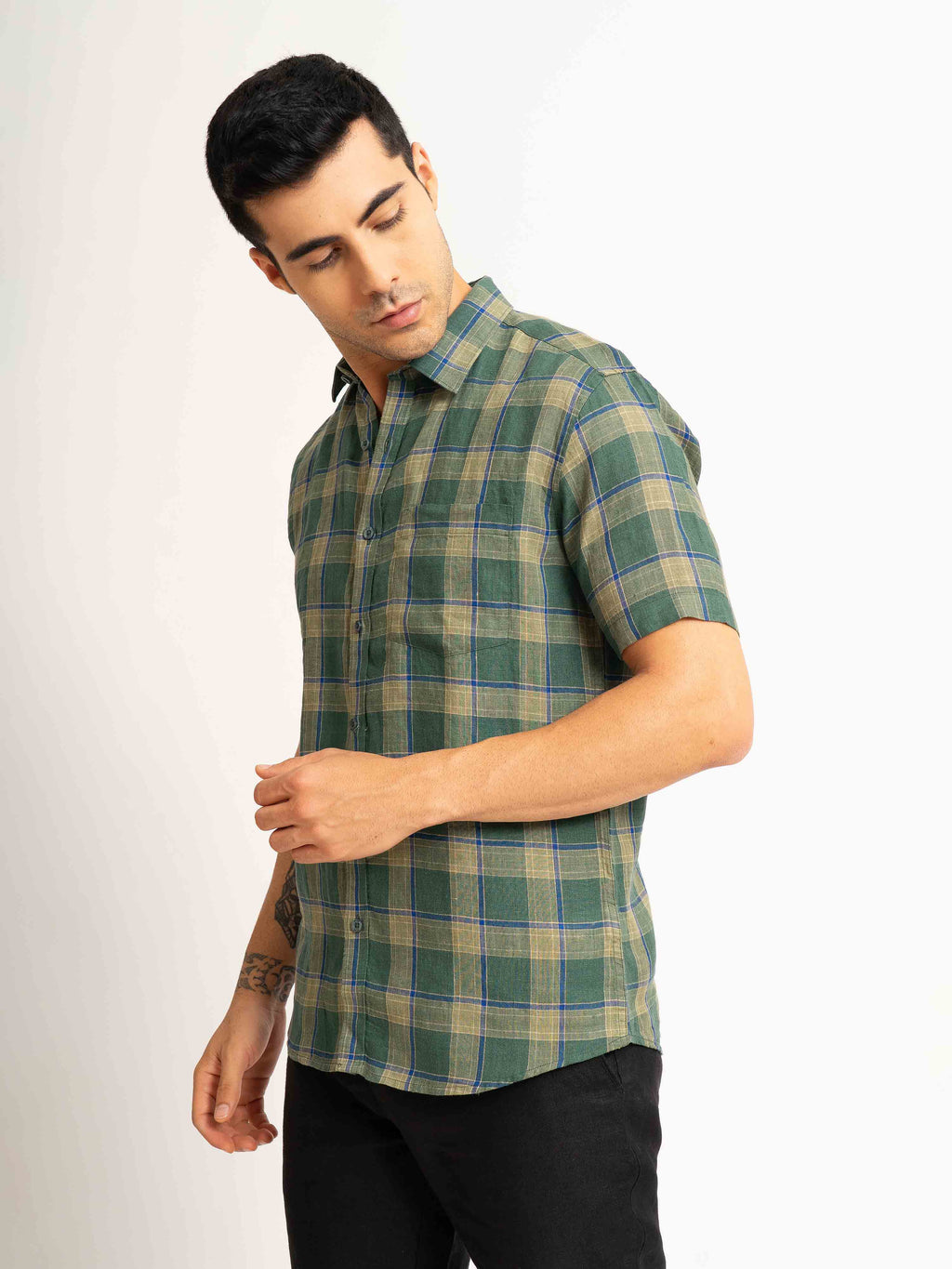 ST4U Men's Pure Linen Half Sleeve Checked Shirt – Olive Green Checks