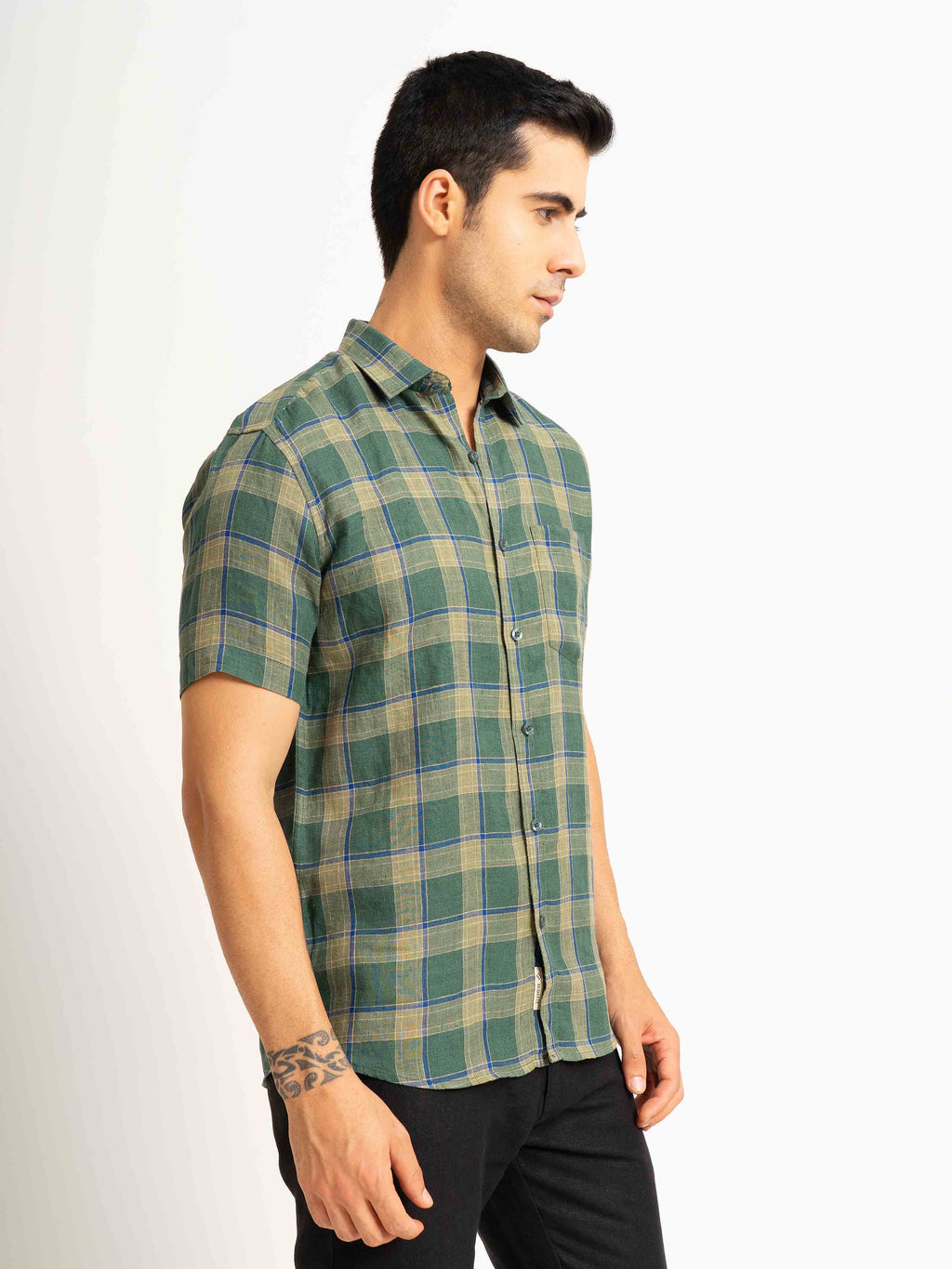 ST4U Men's Pure Linen Half Sleeve Checked Shirt – Olive Green Checks