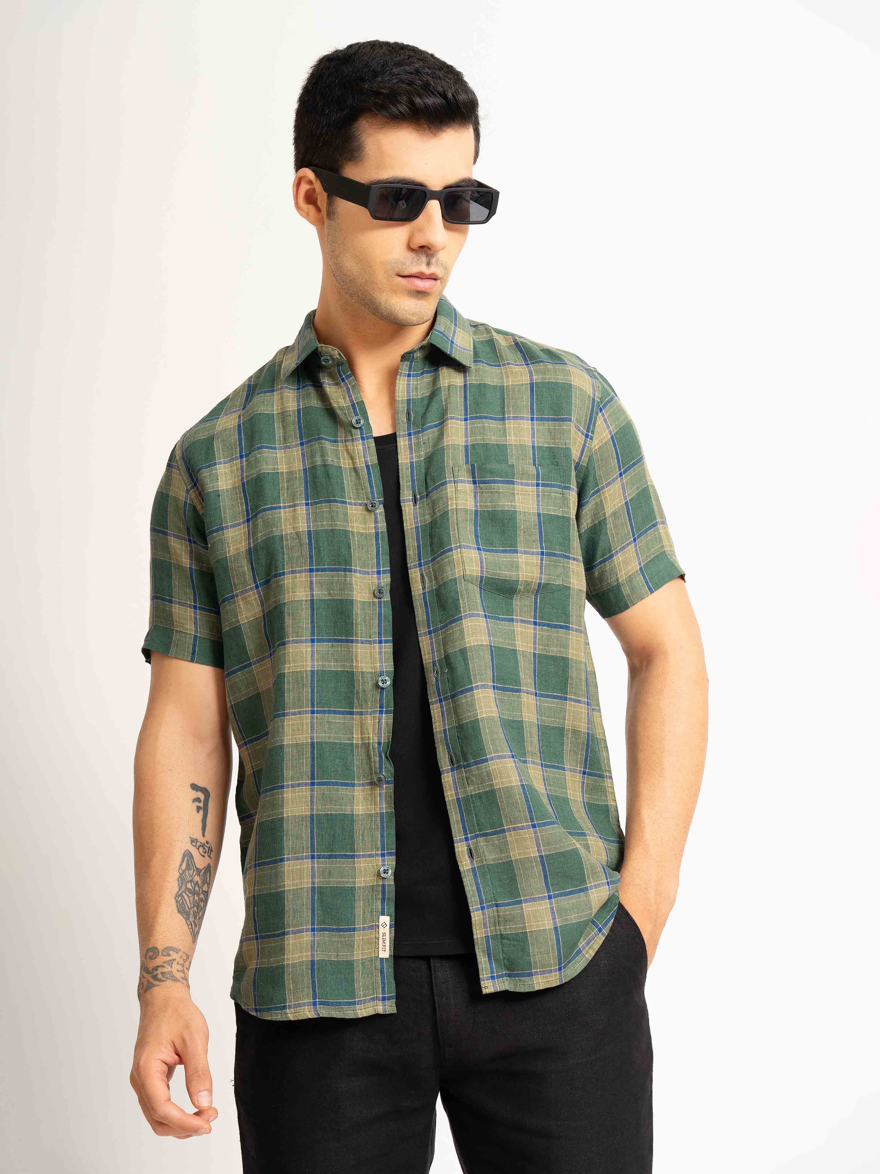 ST4U Men's Pure Linen Half Sleeve Checked Shirt – Olive Green Checks