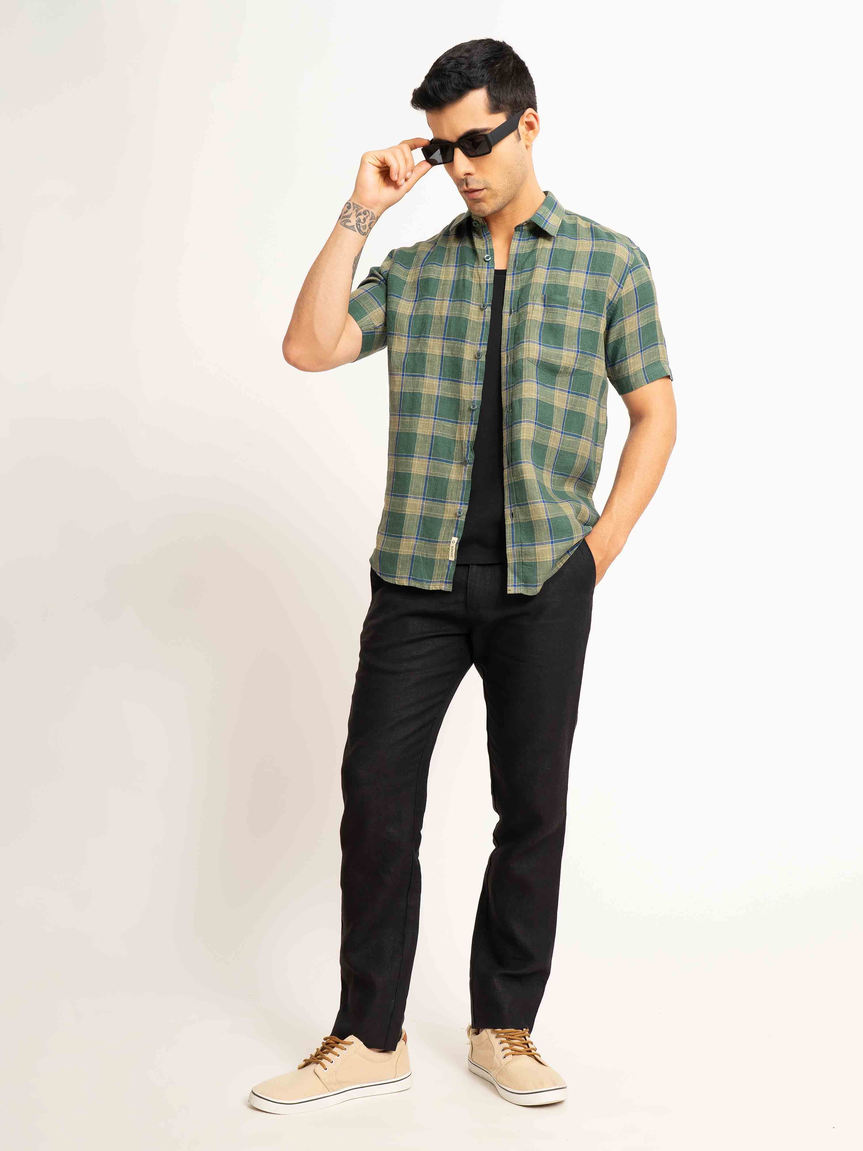 ST4U Men's Pure Linen Half Sleeve Checked Shirt – Olive Green Checks