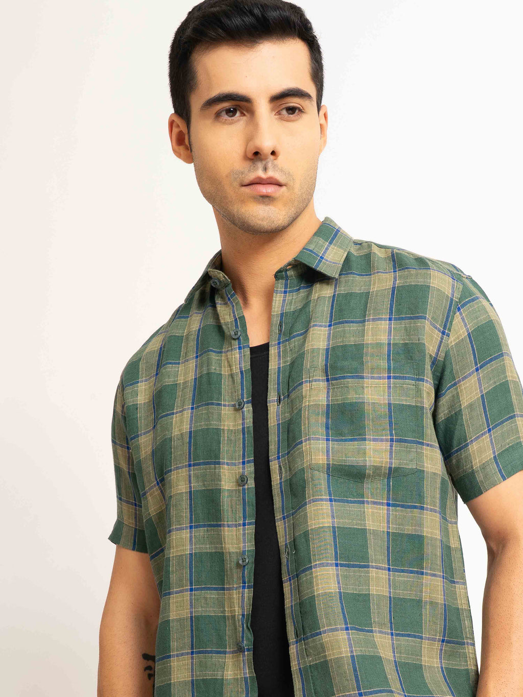 ST4U Men's Pure Linen Half Sleeve Checked Shirt – Olive Green Checks